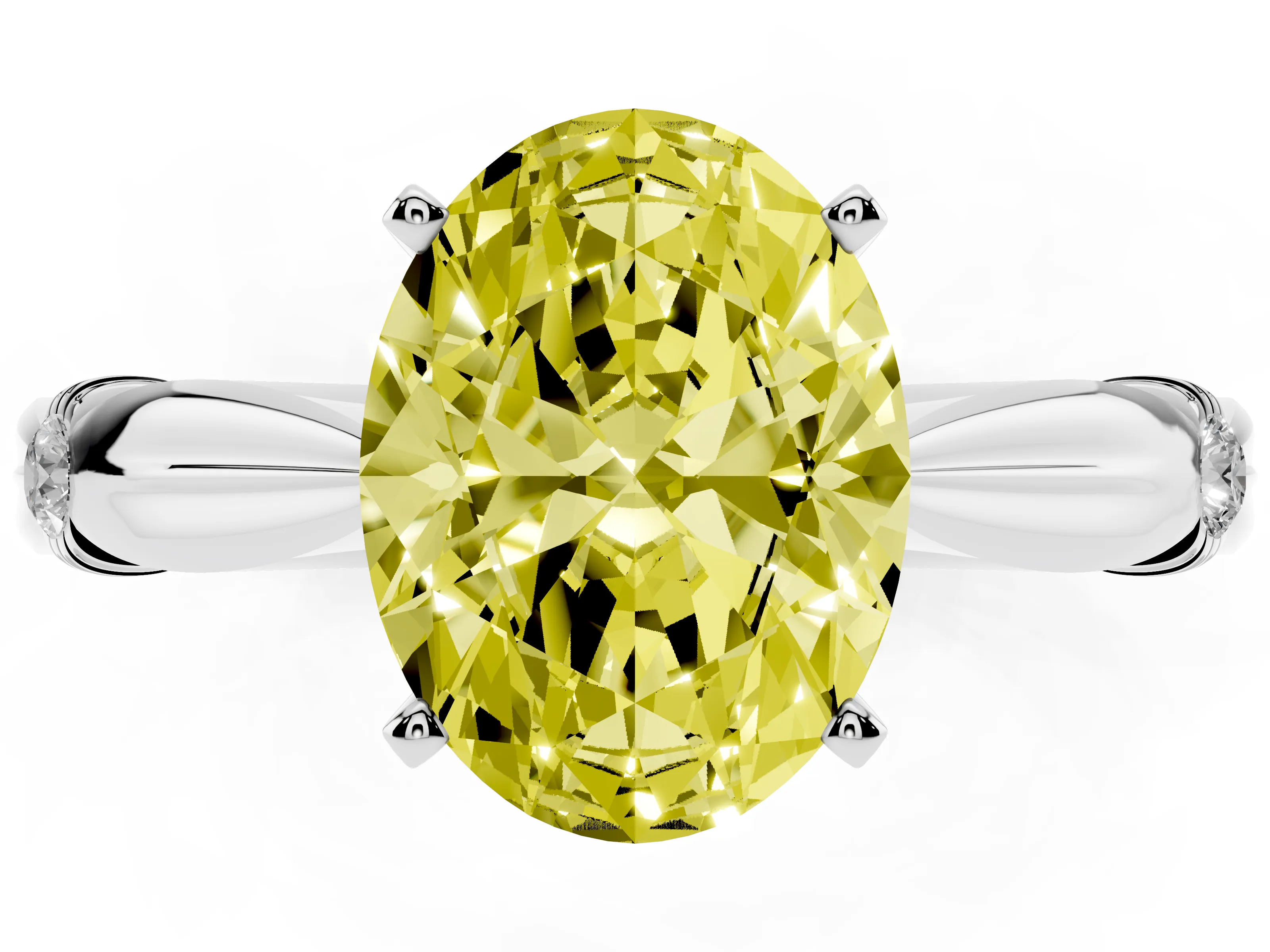 Fancy Yellow Oval Cut Diamond Solitaire Twisted Band Ring Set in White gold with Accent Stones and Prong Setting