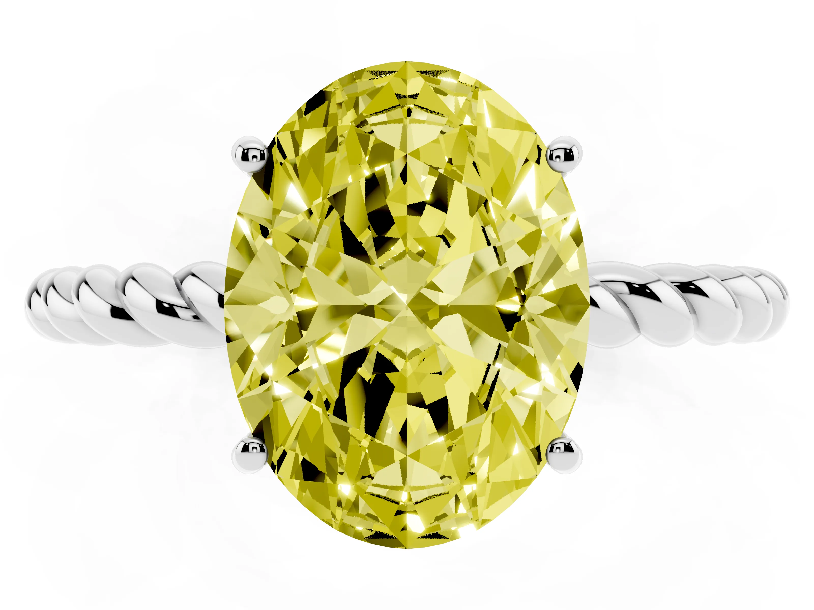 Fancy Yellow Oval Cut Diamond Solitaire Twisted Band Ring Set in Silver with Prong Solitaire Setting