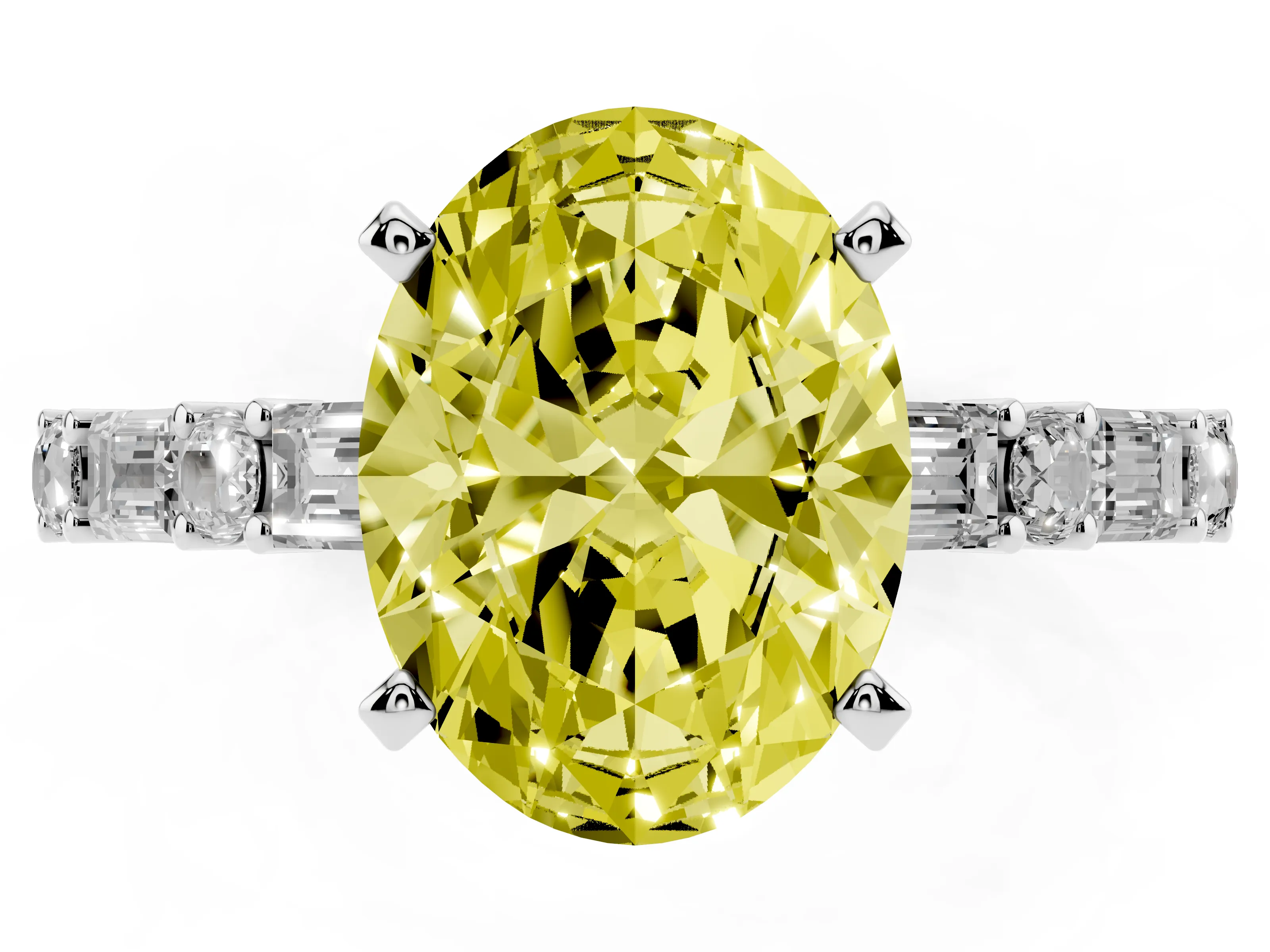 Fancy Yellow Oval Cut Diamond Solitaire Set in White gold with Side Baguettes and Channel Set Band