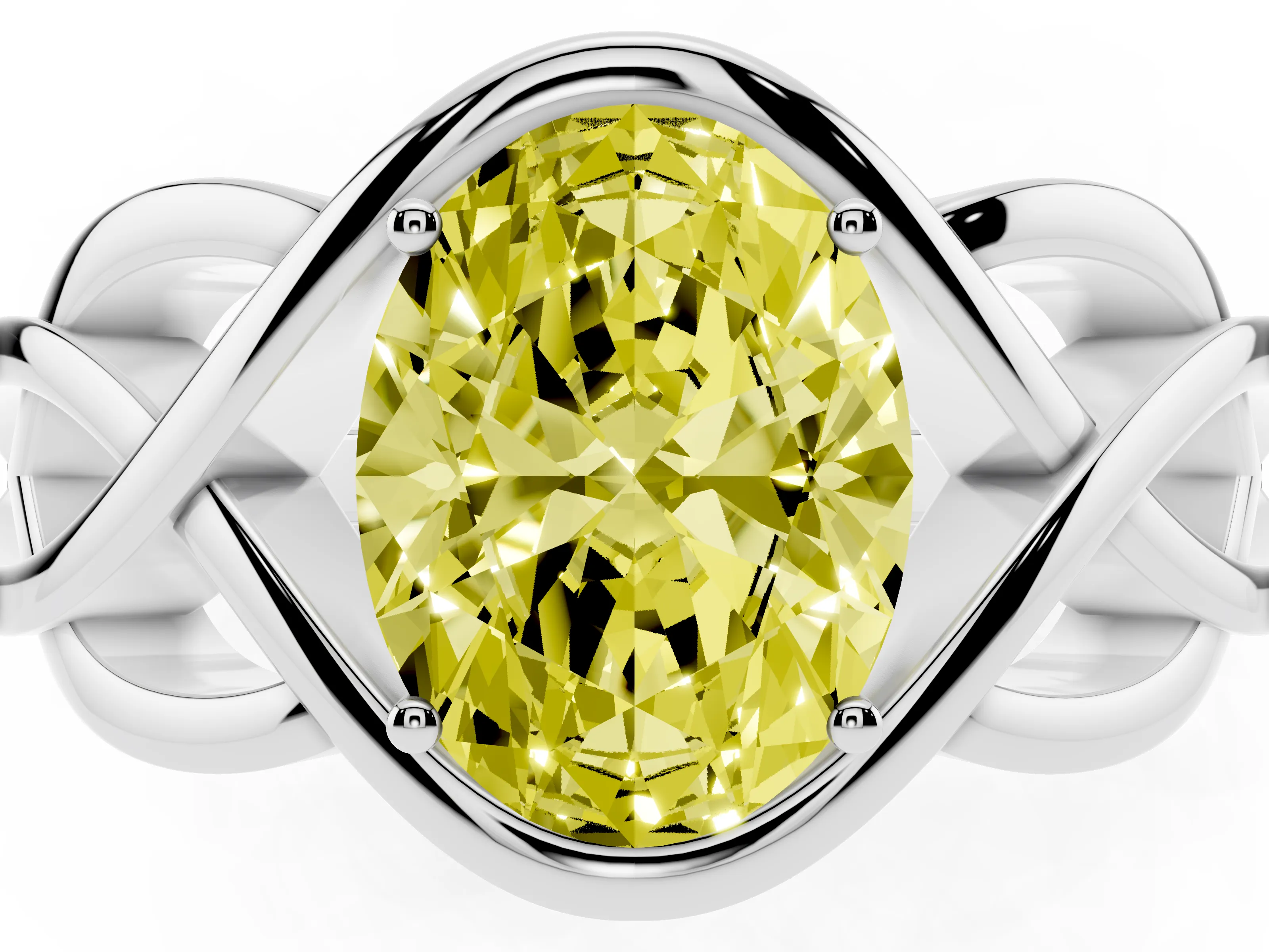 Fancy Yellow Oval Cut Diamond Solitaire Ring Set in Platinum with Intertwined Band