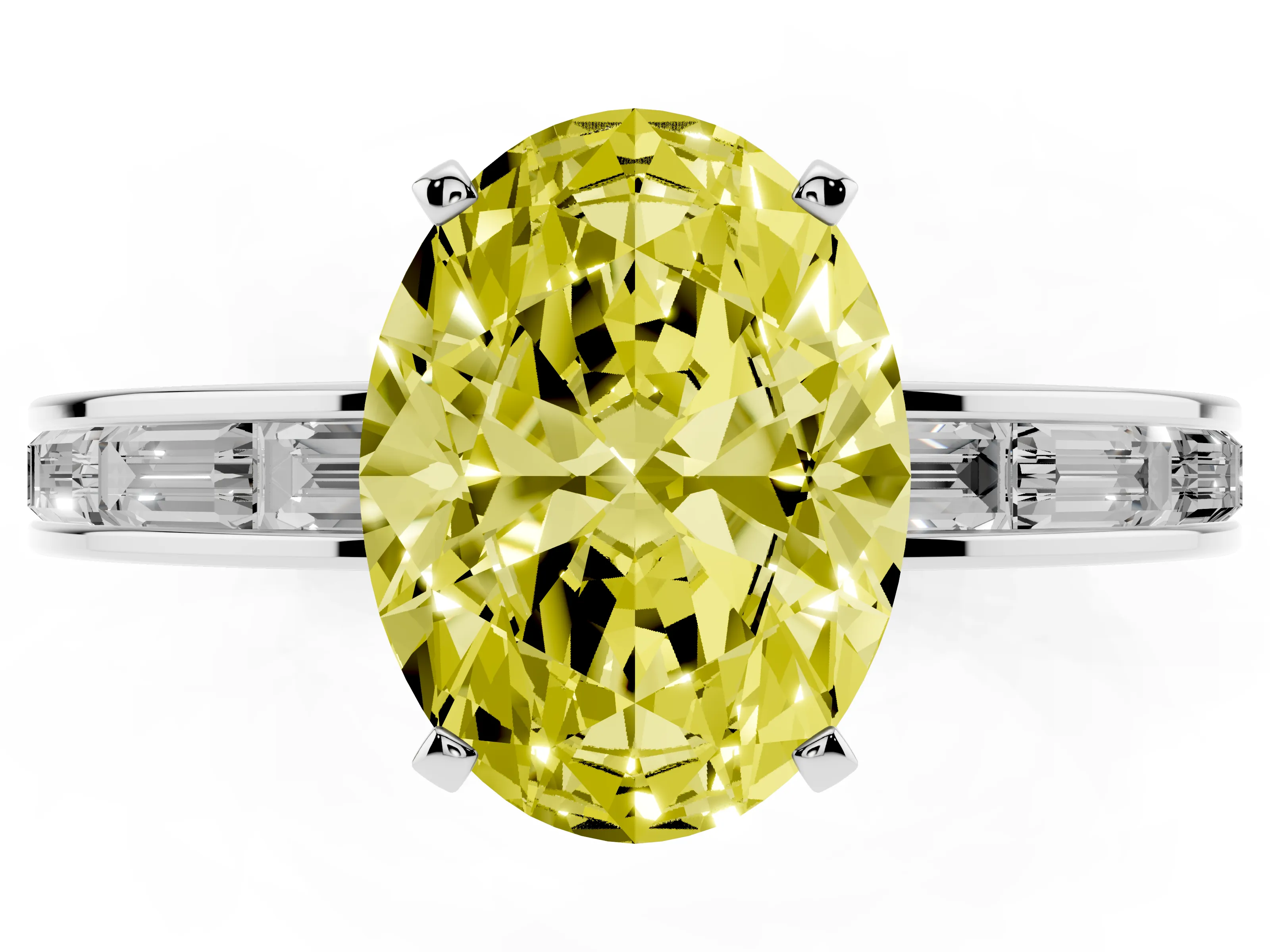 Fancy Yellow Oval Cut Diamond Solitaire Ring Set in Silver with Channel-Set Baguette Band and Prong Setting