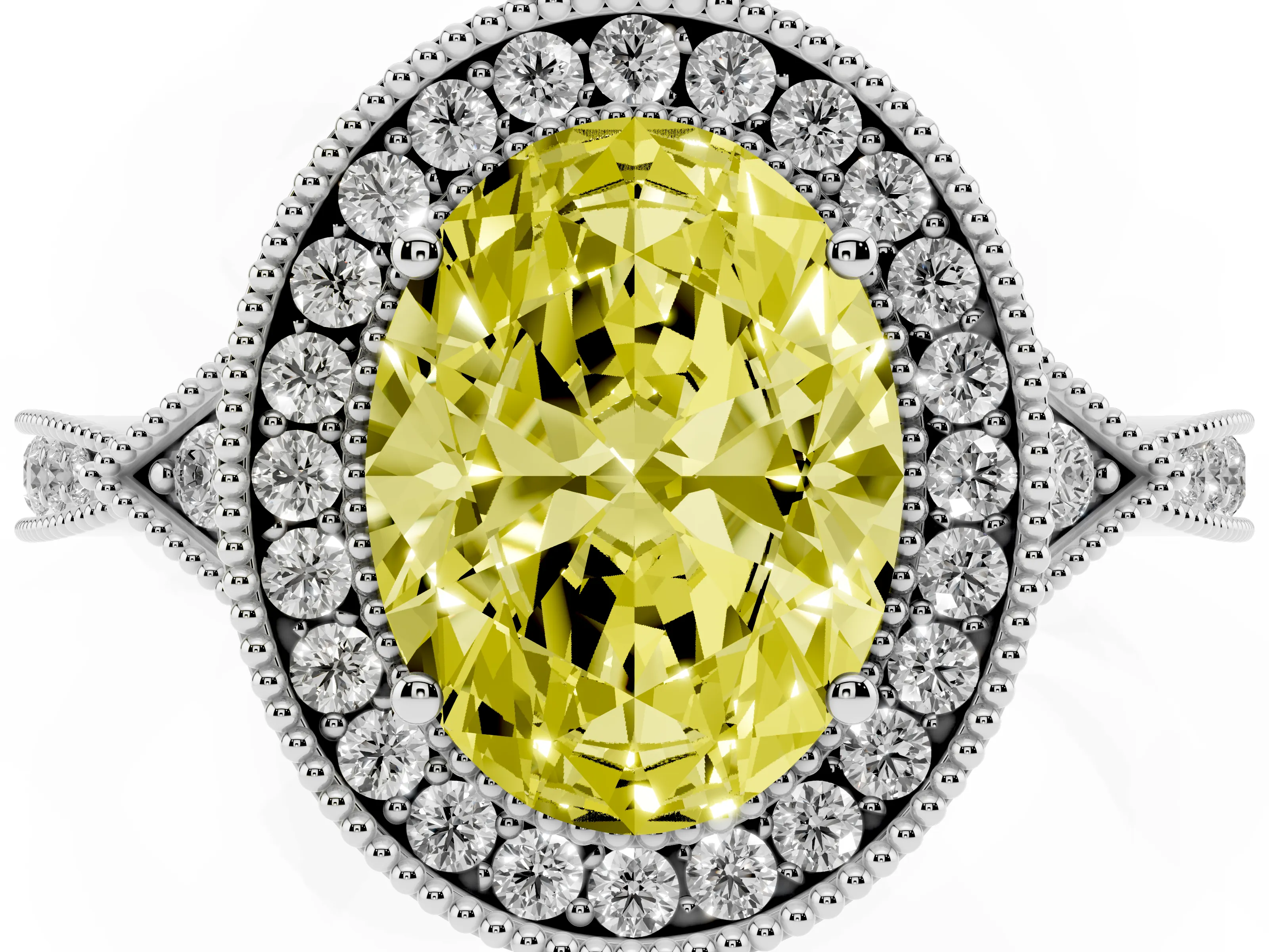 Fancy Yellow Oval Cut Diamond Halo Engagement Ring Set in Silver with Milgrain Pavé Band