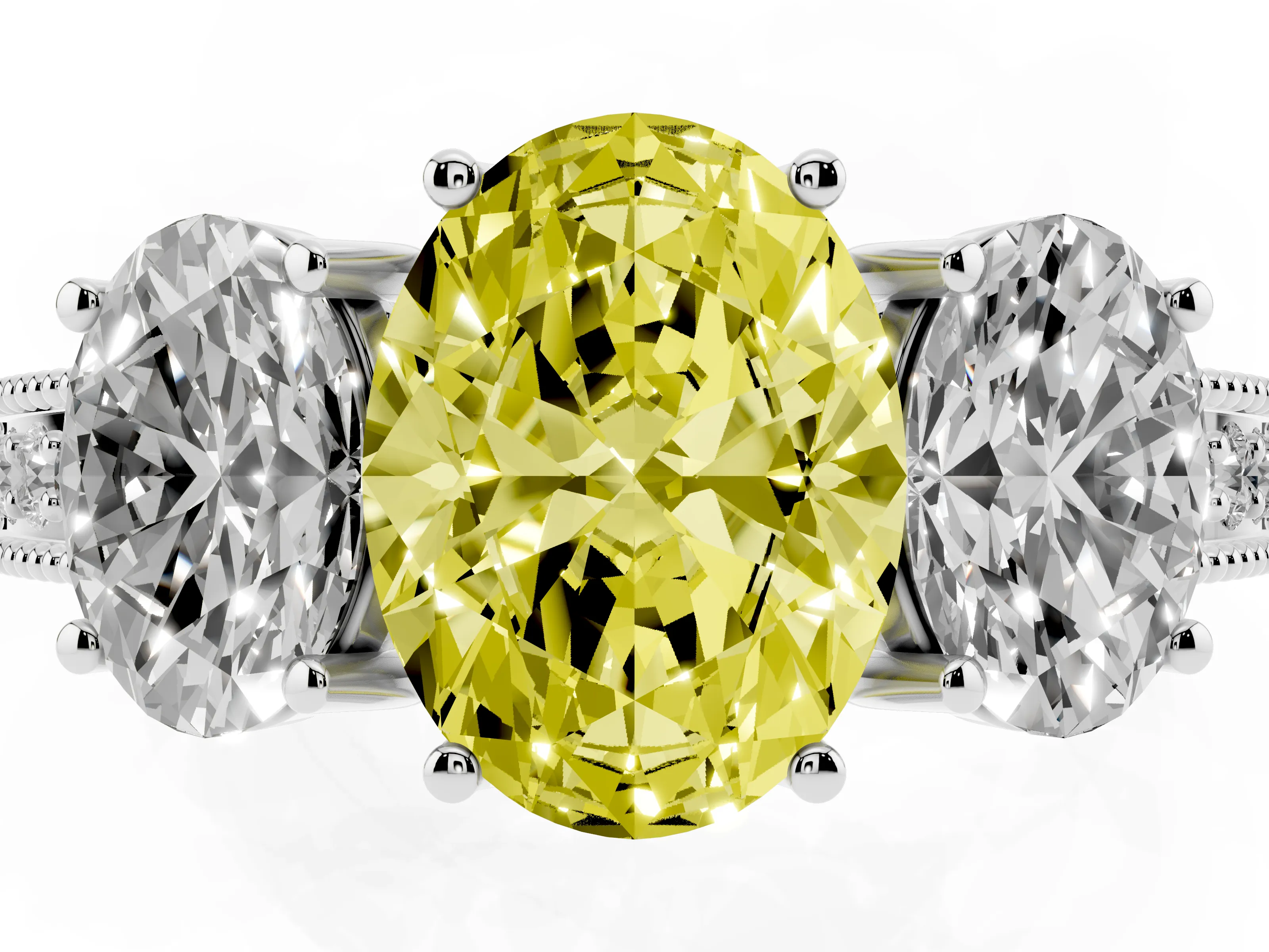 Fancy Yellow Oval Cut Diamond Three-Stone Engagement Ring Set in Silver with Milgrain Pavé Band