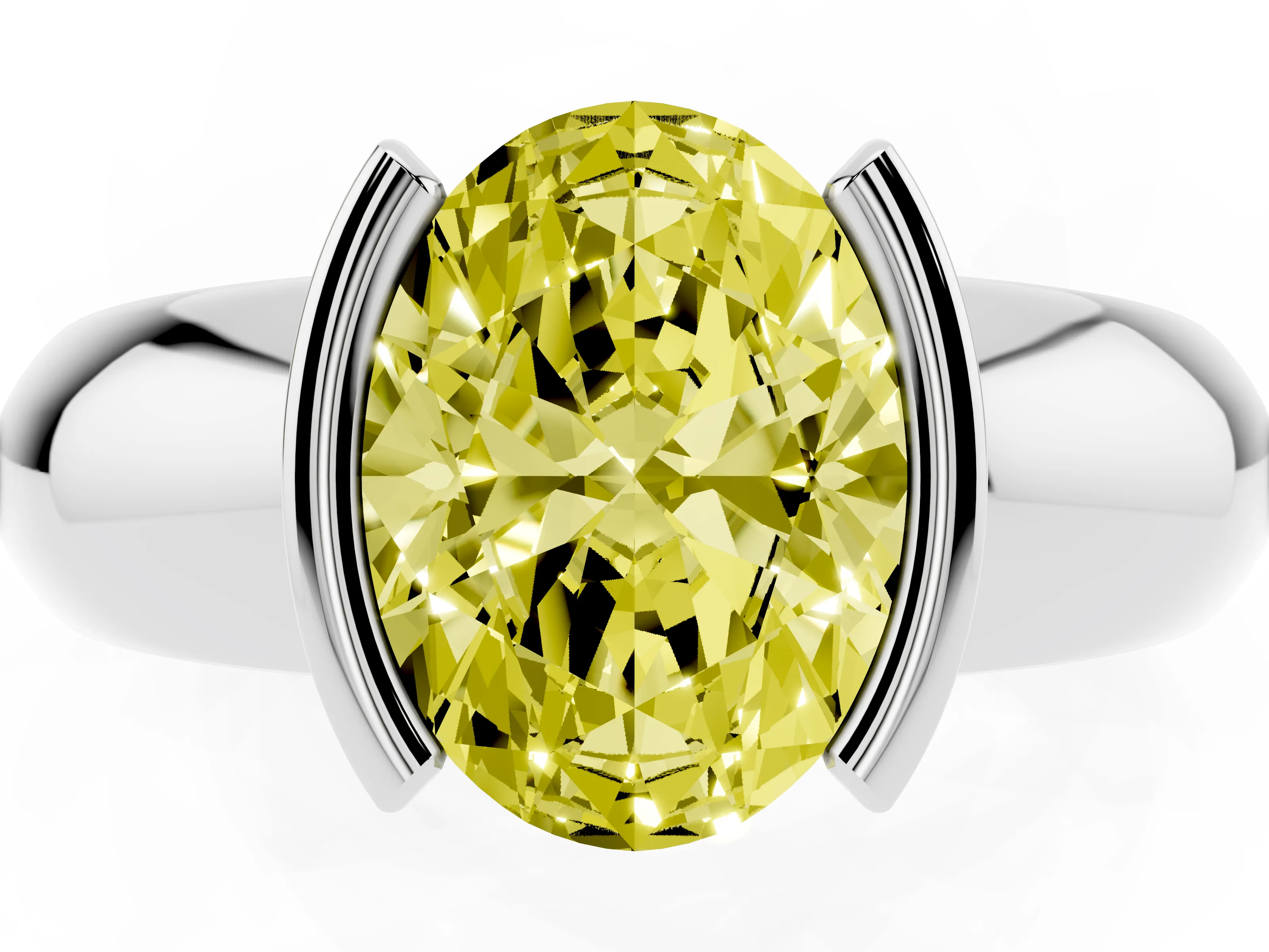 Fancy Yellow Oval Cut Diamond Solitaire Tension Set Ring Set in Silver with Wide Band