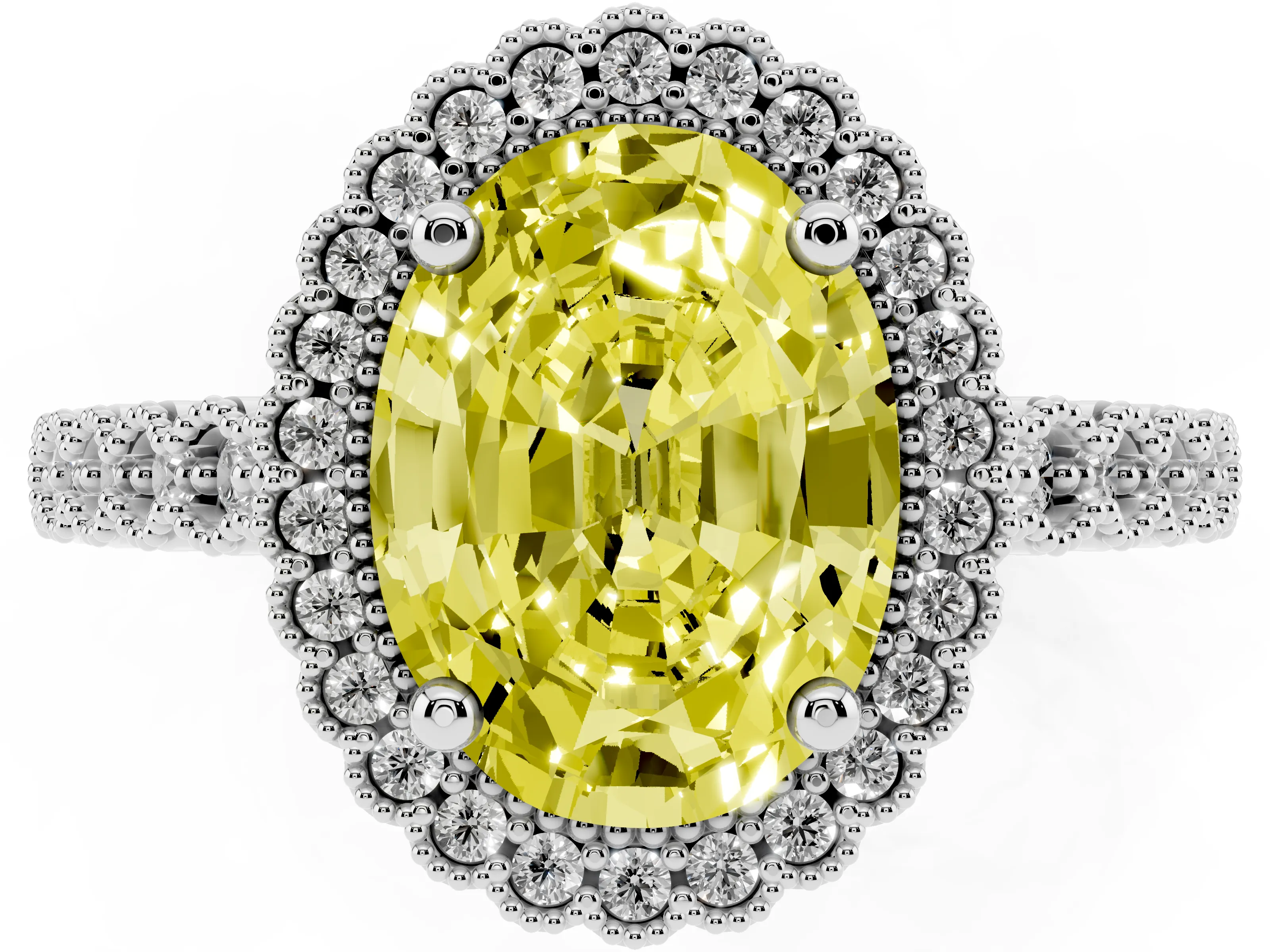 Fancy Yellow Oval Cut Diamond Halo Ring Set in Platinum with Pavé Milgrain Band