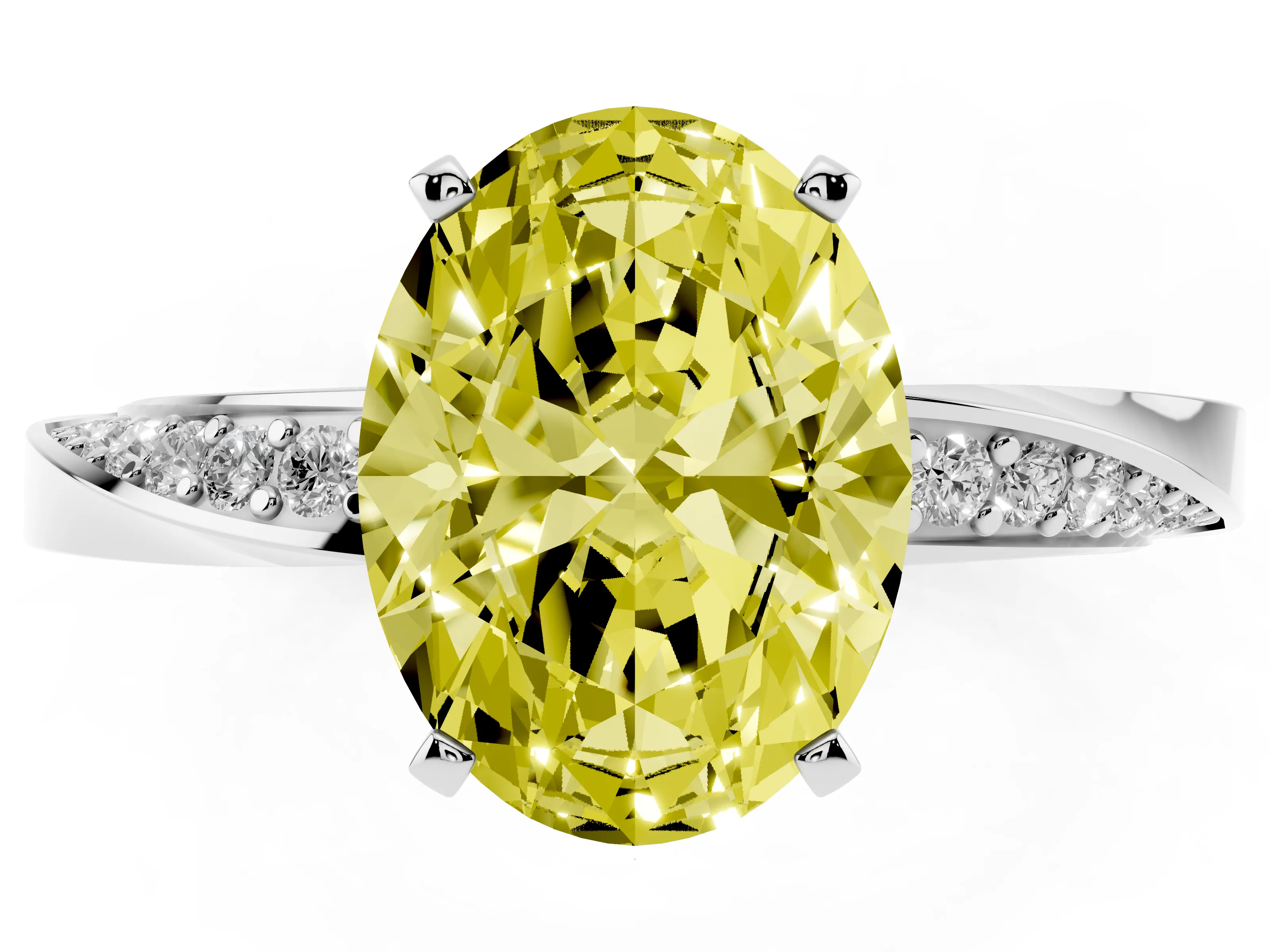 Fancy Yellow Oval Cut Diamond Engagement Ring Set in Silver with Side Stone Accents and Prong Setting