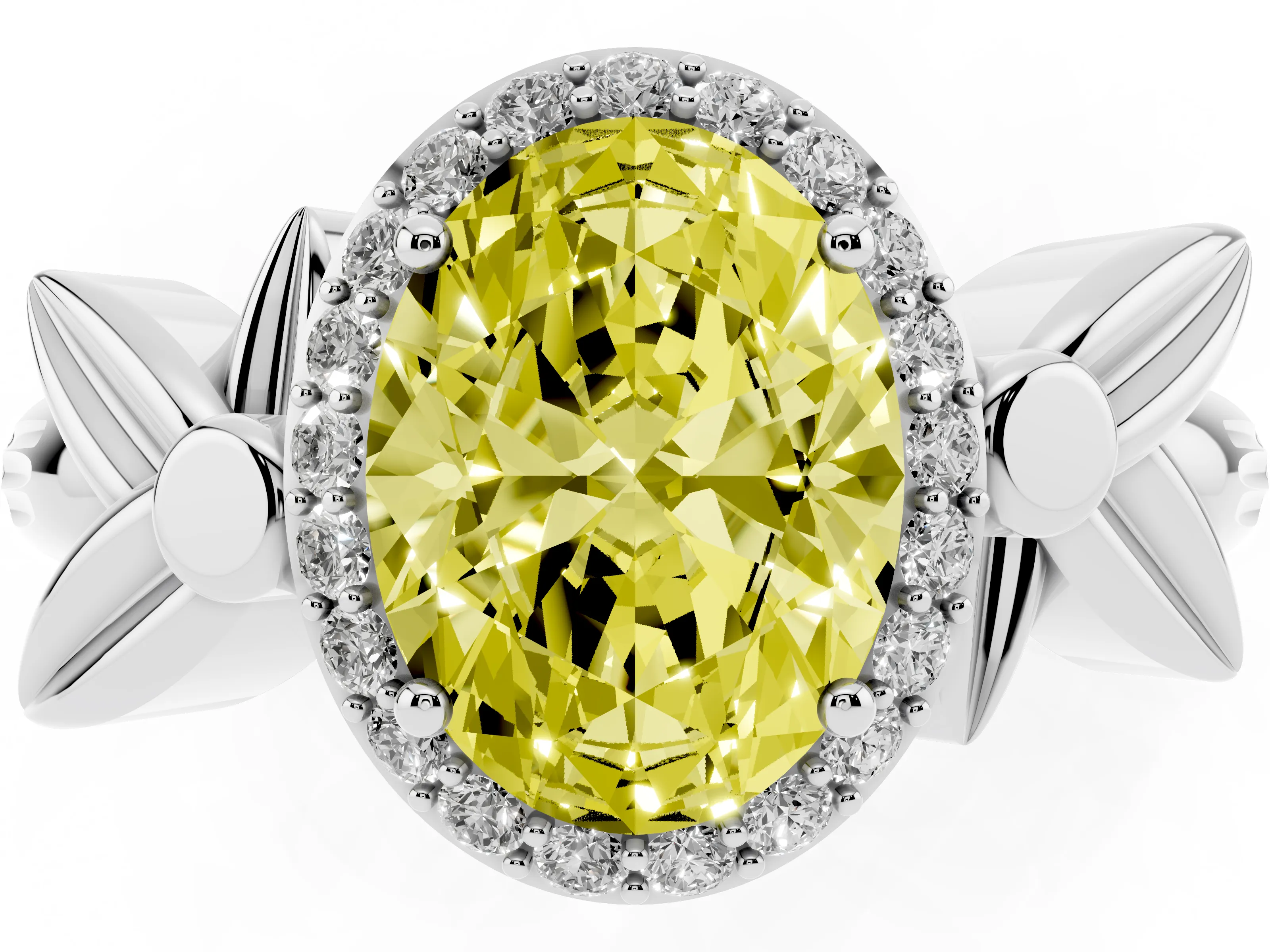 Fancy Yellow Oval Cut Diamond Halo Floral Band Ring Set in Silver with Prong Setting