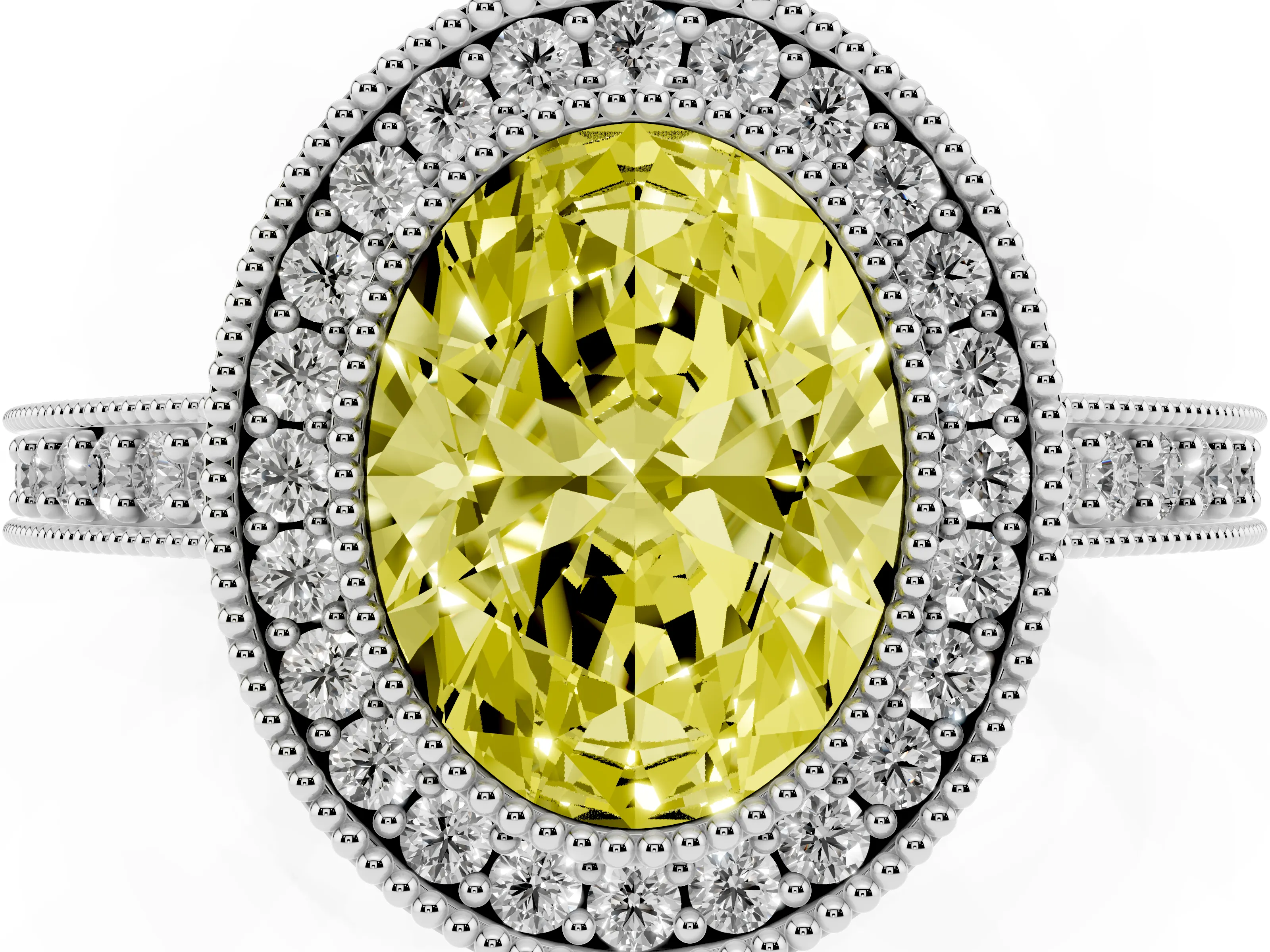 Fancy Yellow Oval Cut Diamond Halo Engagement Ring Set in White gold with Pavé Band and Round Halo Stones