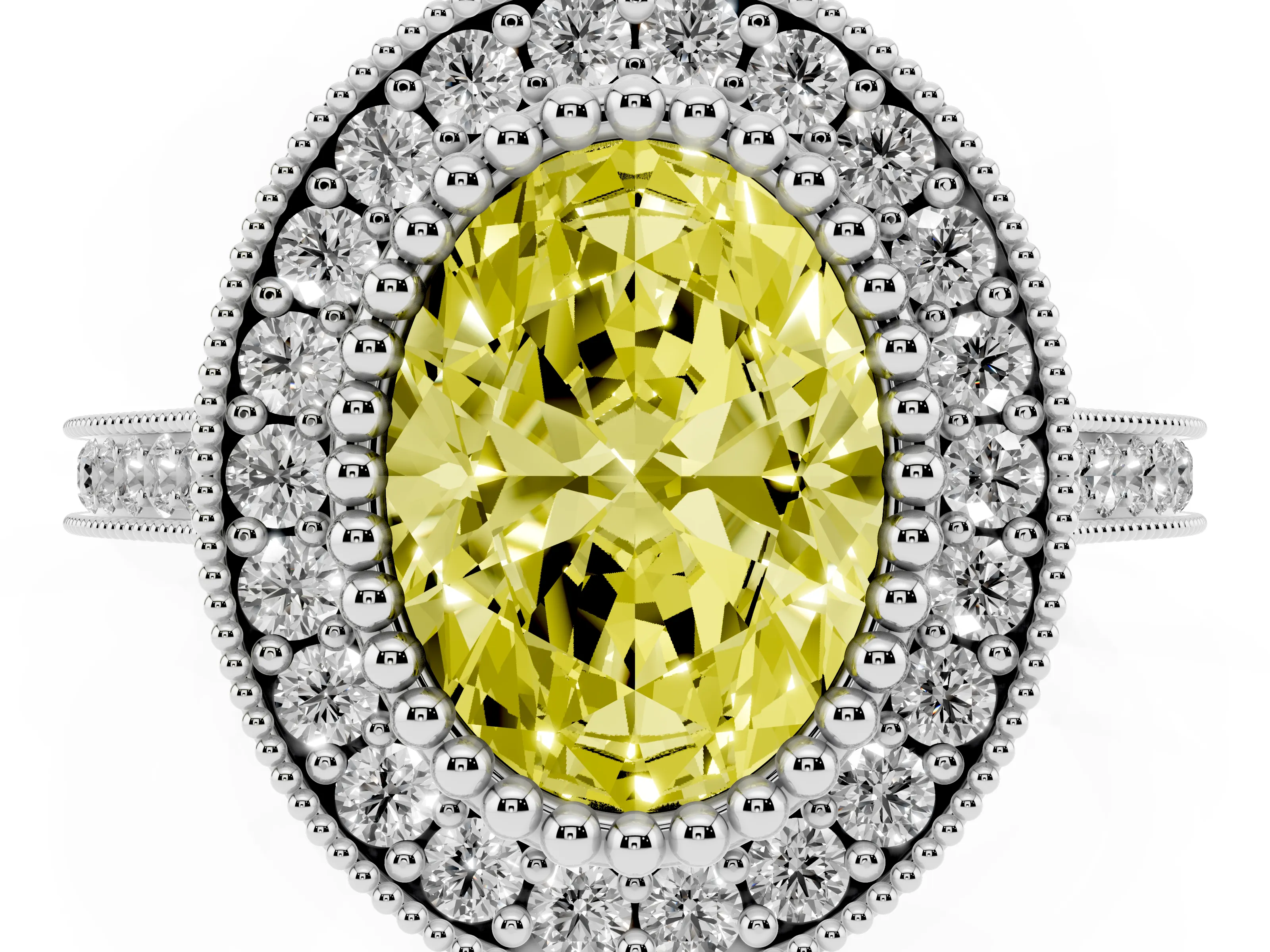 Fancy Yellow Oval Cut Diamond Halo Ring Set in Silver with Milgrain Frame and Pavé Band