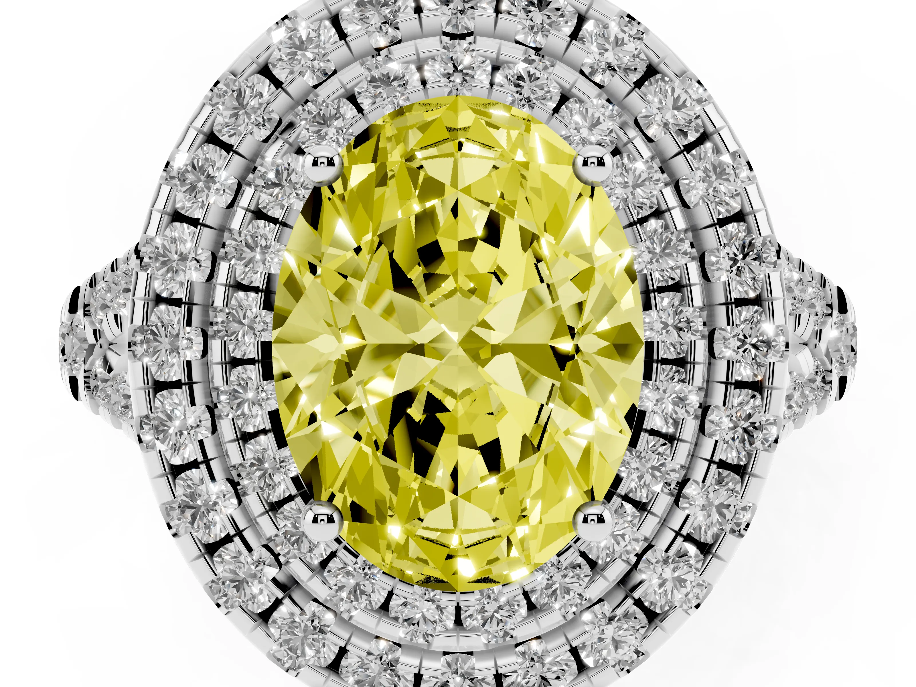 Fancy Yellow Oval Cut Diamond Double Halo Ring Set in White gold with Pavé Split Shank and Prong Setting