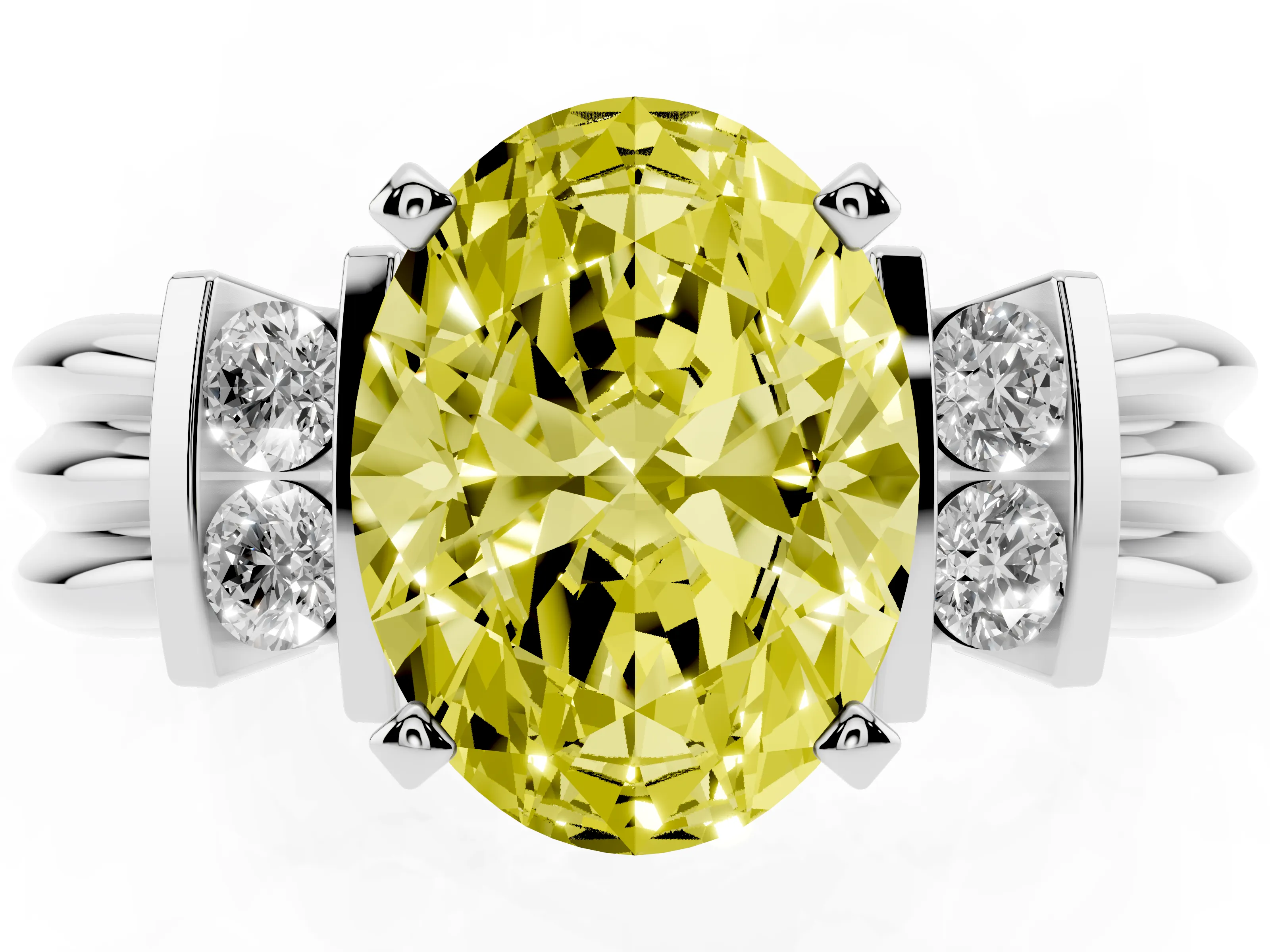 Fancy Yellow Three-Stone Oval Cut Diamond Channel Set Ring Set in White gold with Bar Prongs