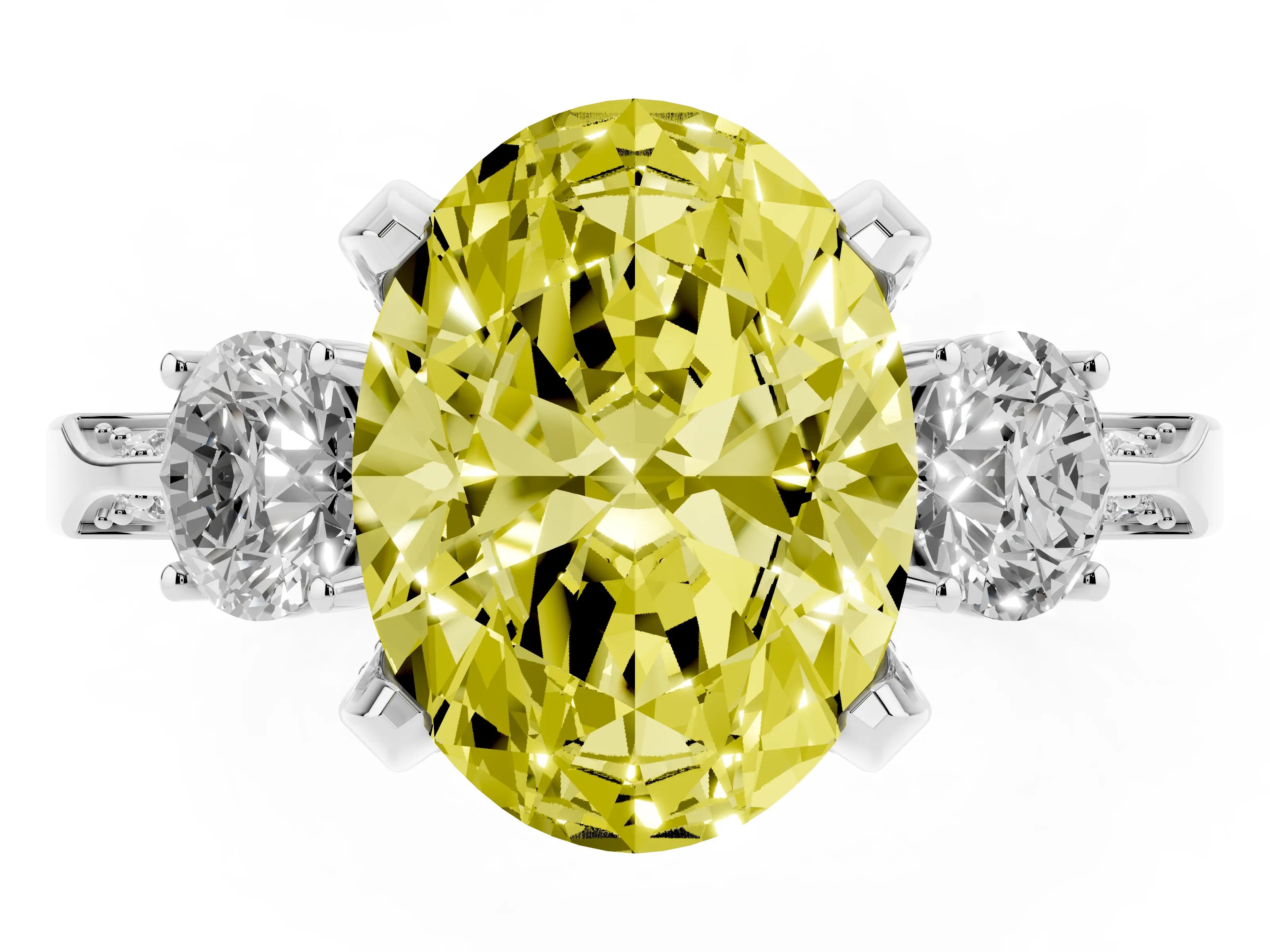 Fancy Yellow Oval Cut Diamond Three-Stone Ring Set in Silver with Pavé Band and Smaller Side Stones
