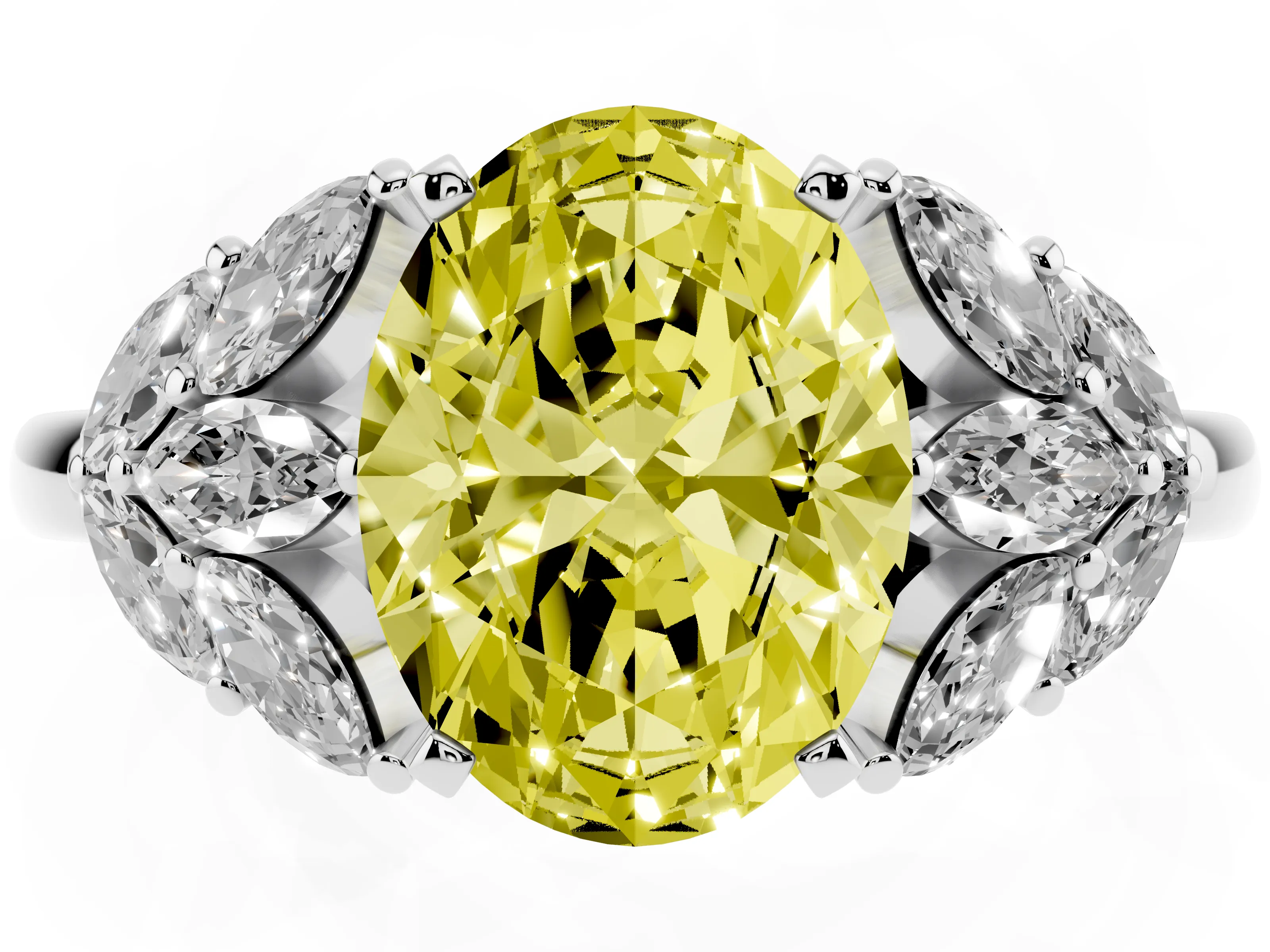 Fancy Yellow Oval Cut Diamond Cluster Leaf Design Ring Set in White gold with Prong Setting