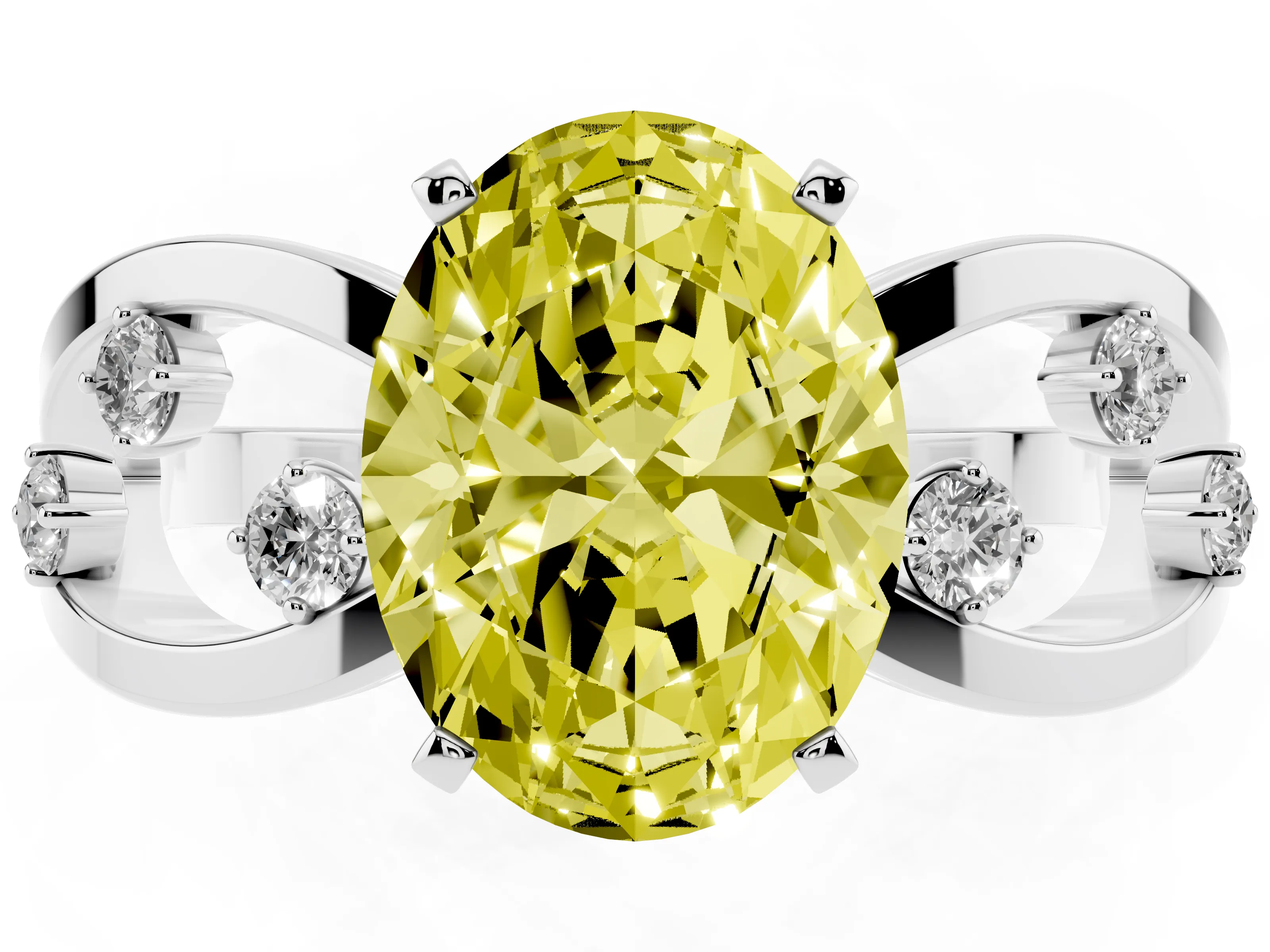 Fancy Yellow Oval Cut Diamond Solitaire Ring Set in White gold with Side Stones on Criss-Cross Band and Prong Setting