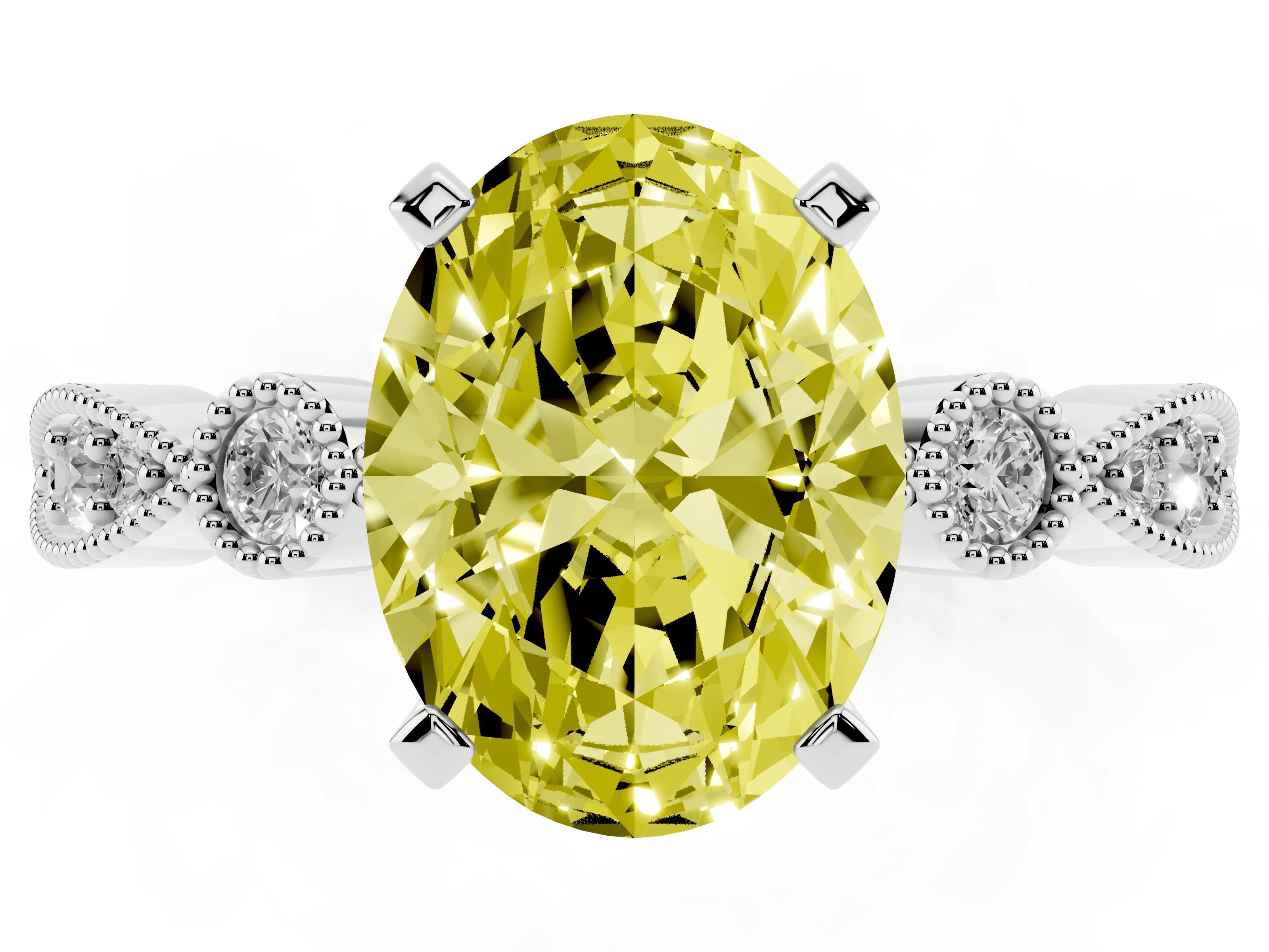 Fancy Yellow Oval Cut Diamond Solitaire Engagement Ring Set in Platinum with Milgrain Bezel Accent Band