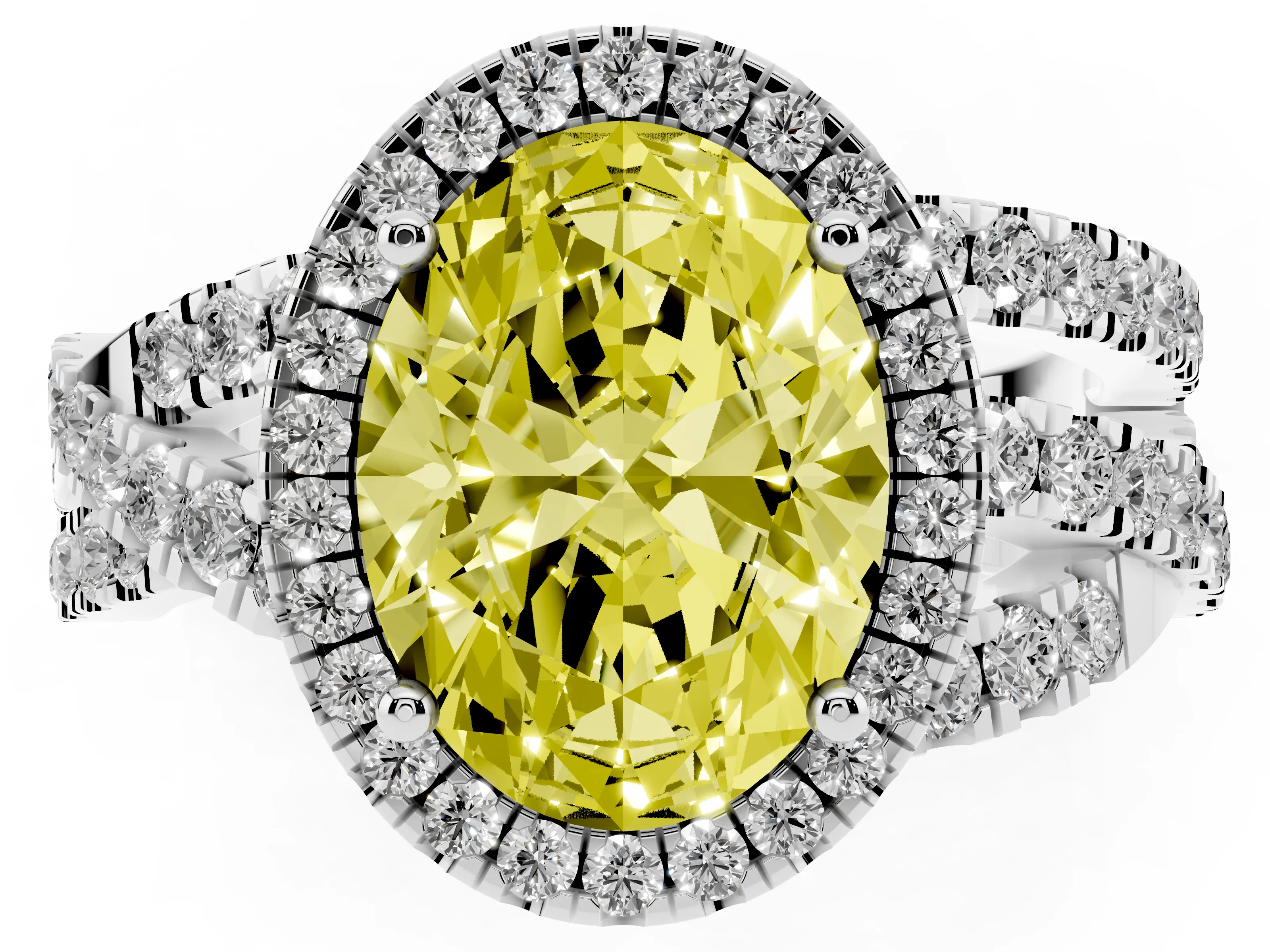 Fancy Yellow Oval Cut Diamond Halo Ring Set in Silver with Round Crossover Split Shank and Prong Setting
