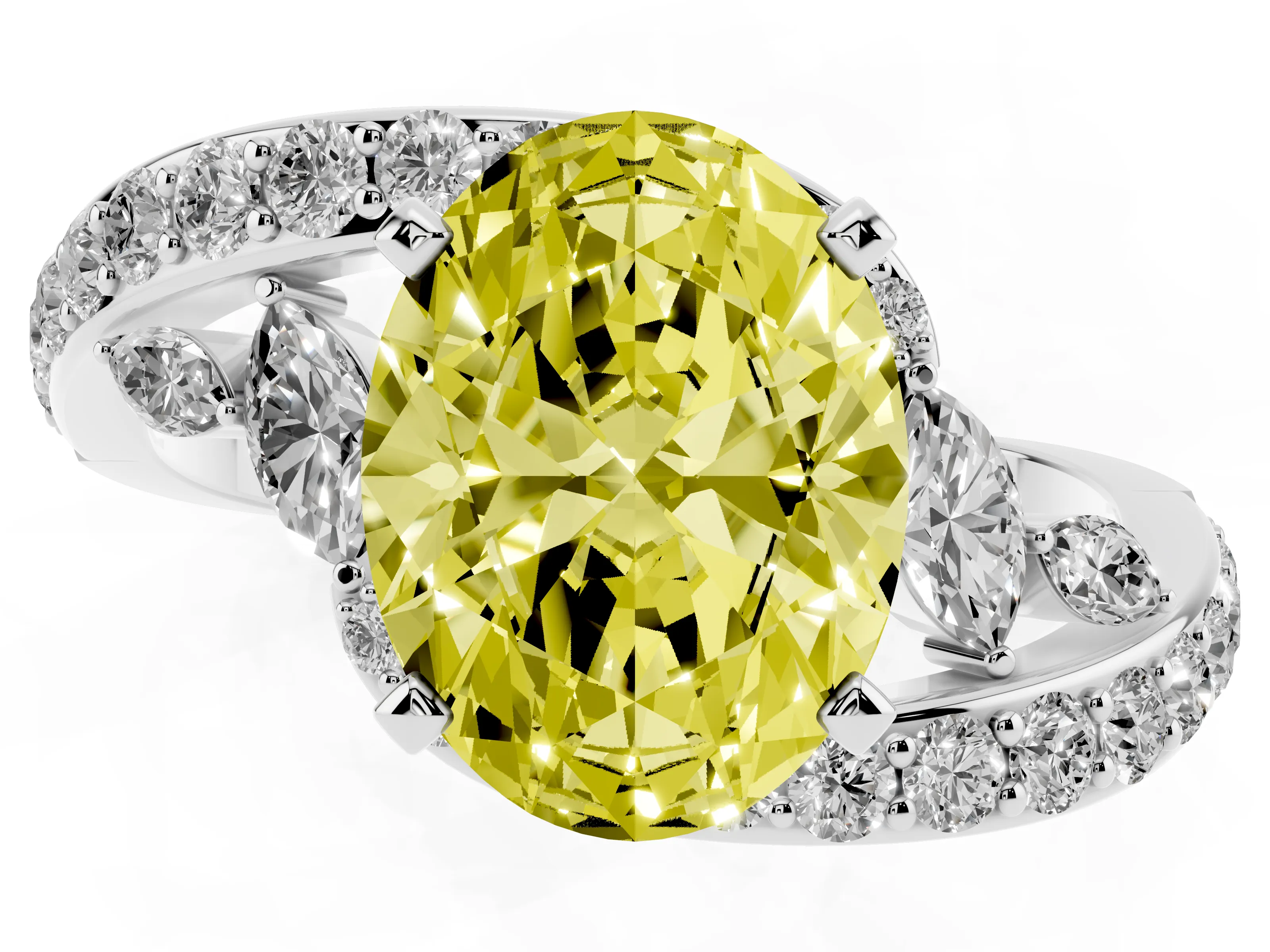Fancy Yellow Oval Cut Diamond Solitaire Ring Set in Platinum with Pavé Twist Band and Secure Prong Setting