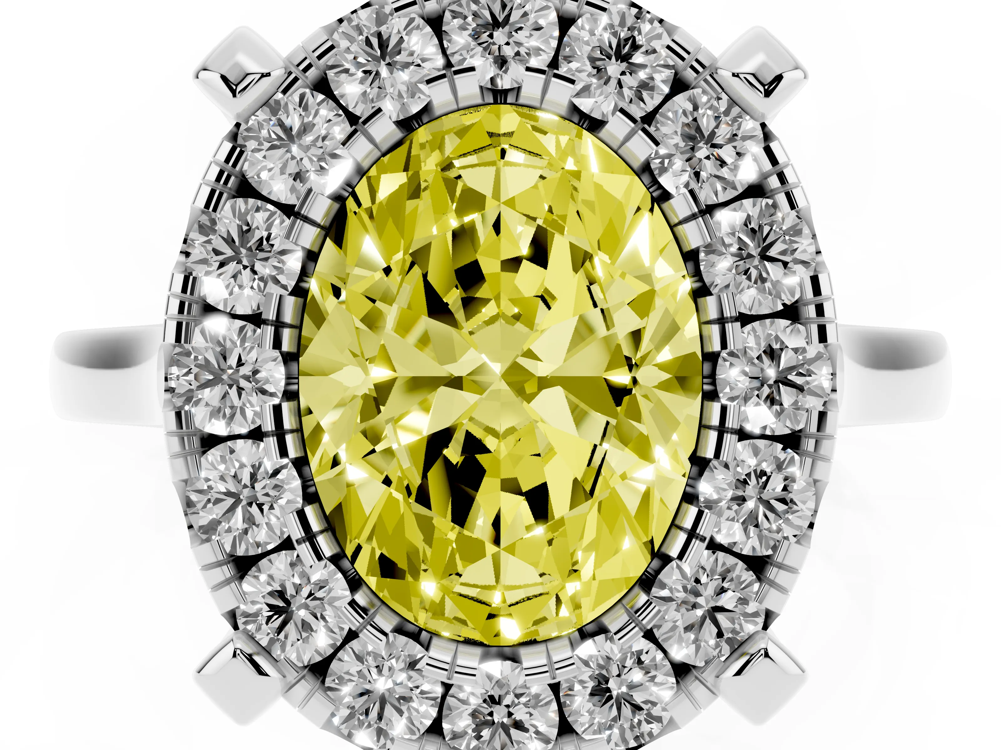 Fancy Yellow Oval Cut Diamond Cluster Halo Solitaire Ring Set in Silver with Prong Setting