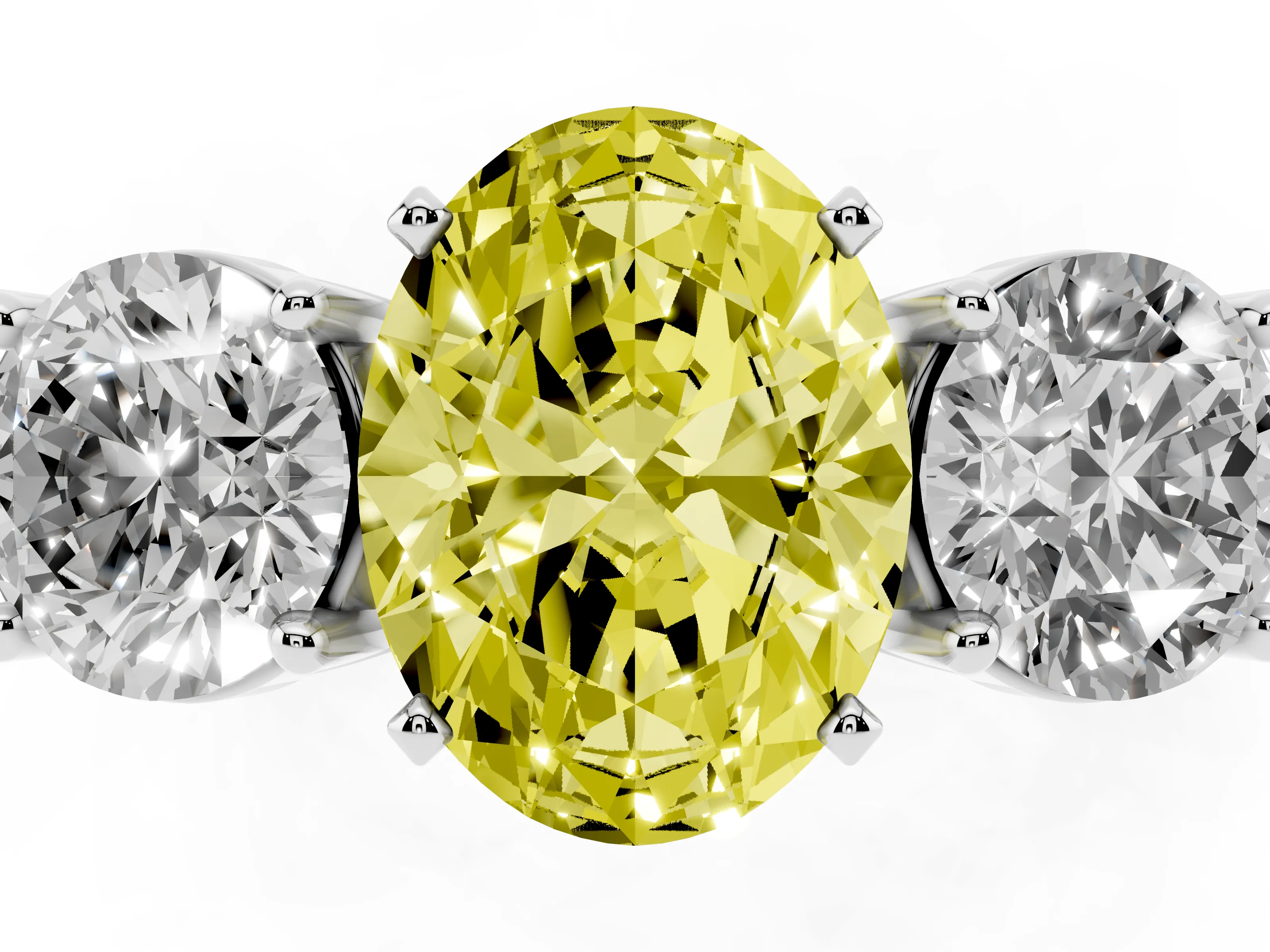 Fancy Yellow Oval Cut Diamond Three-Stone Ring Set in Silver with Round Side Stones and Classic Band