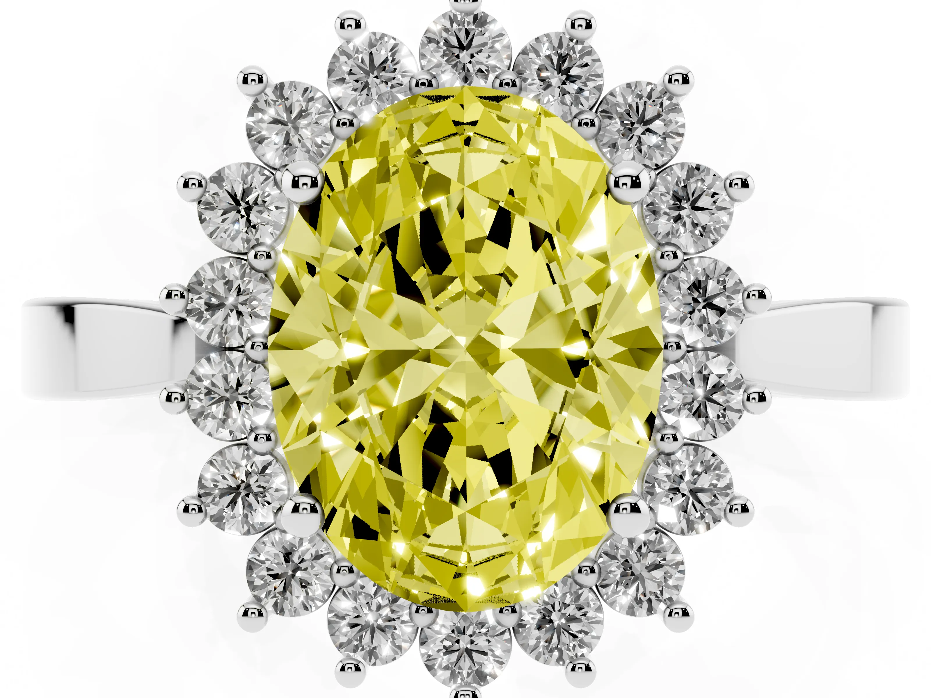 Fancy Yellow Oval Cut Diamond Halo Ring Set in White gold with Round Halo and Smooth Solitaire Band