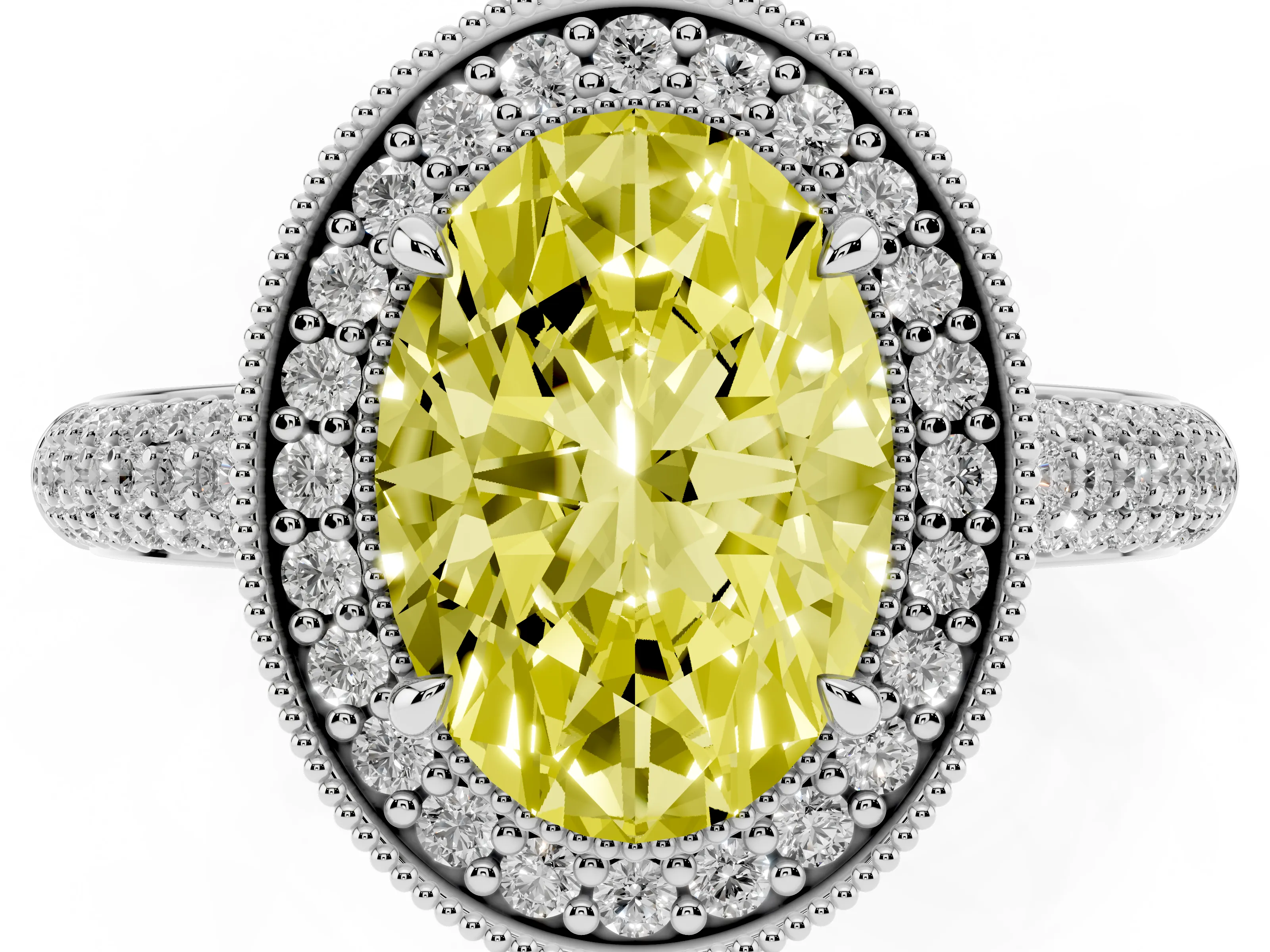 Fancy Yellow Oval Cut Diamond Halo Pavé Band Set in Silver with Prong Setting