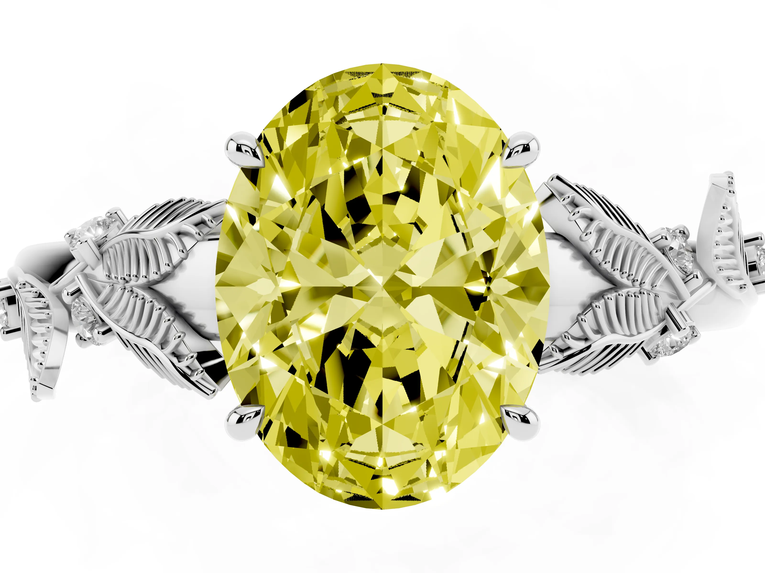 Fancy Yellow Oval Cut Diamond Solitaire Ring Set in Silver with Leaf Motif Band