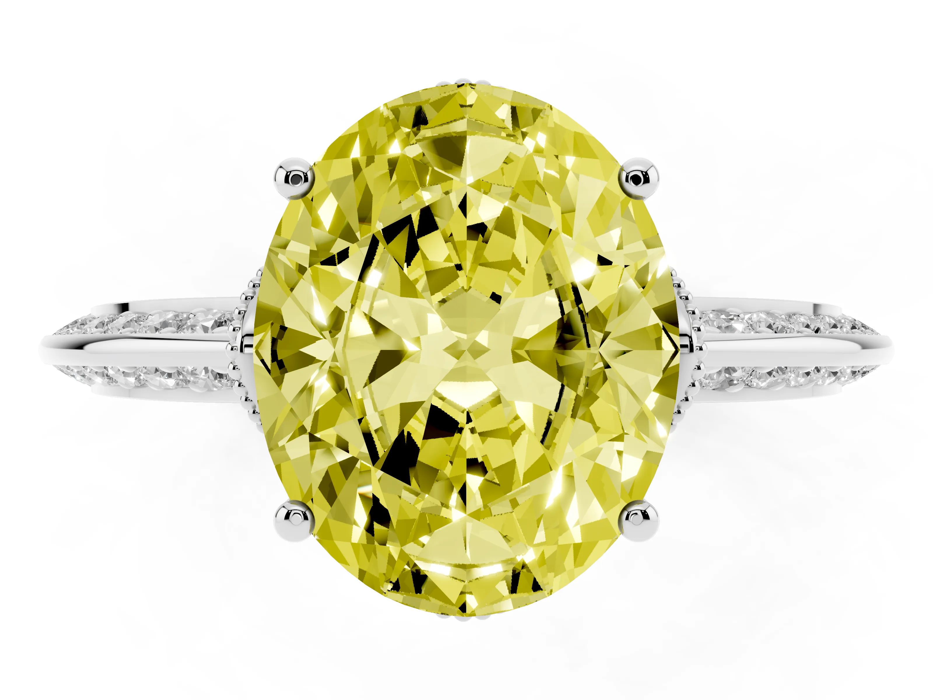 Fancy Yellow Oval Cut Diamond Solitaire Engagement Ring Set in Silver with Pavé Split Shank and Prong Setting