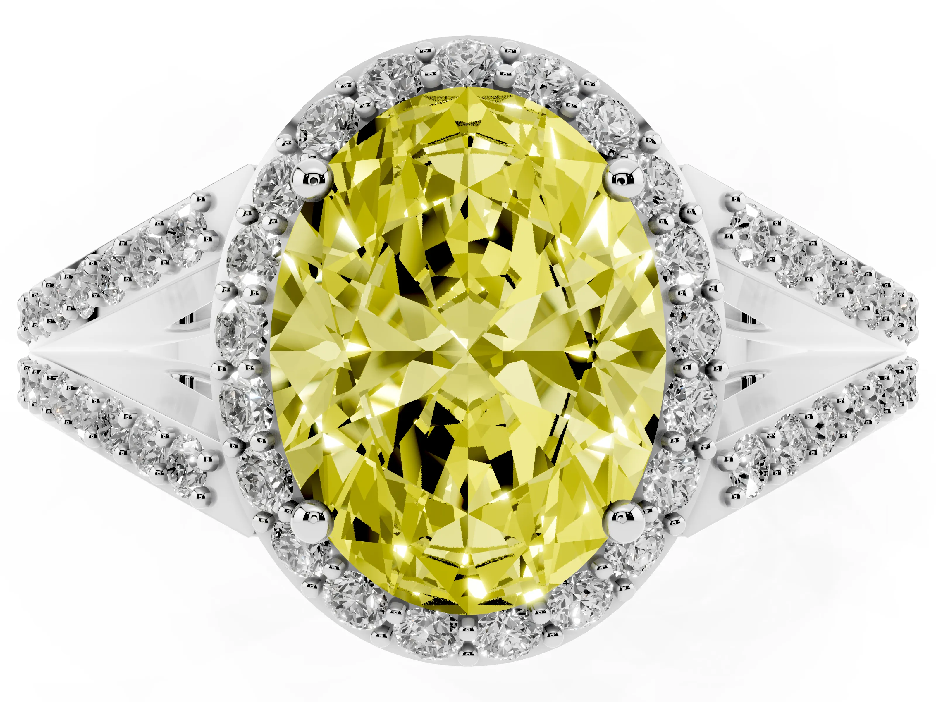 Fancy Yellow Oval Cut Diamond Halo Split Shank Ring Set in White gold with Accent Stones and Prong Setting