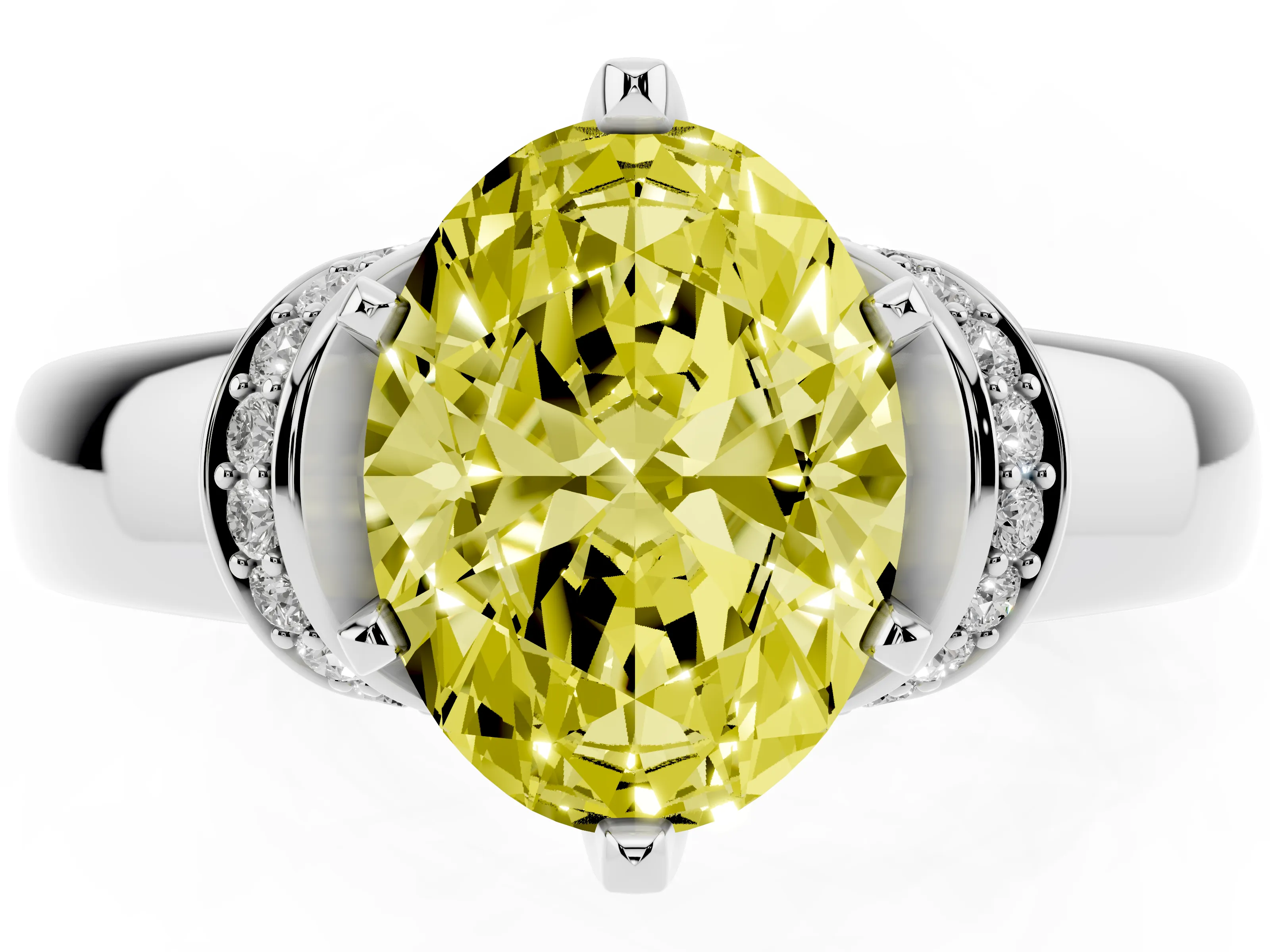 Fancy Yellow Oval Cut Diamond Pavé Band Solitaire Ring Set in Silver with Prong Setting