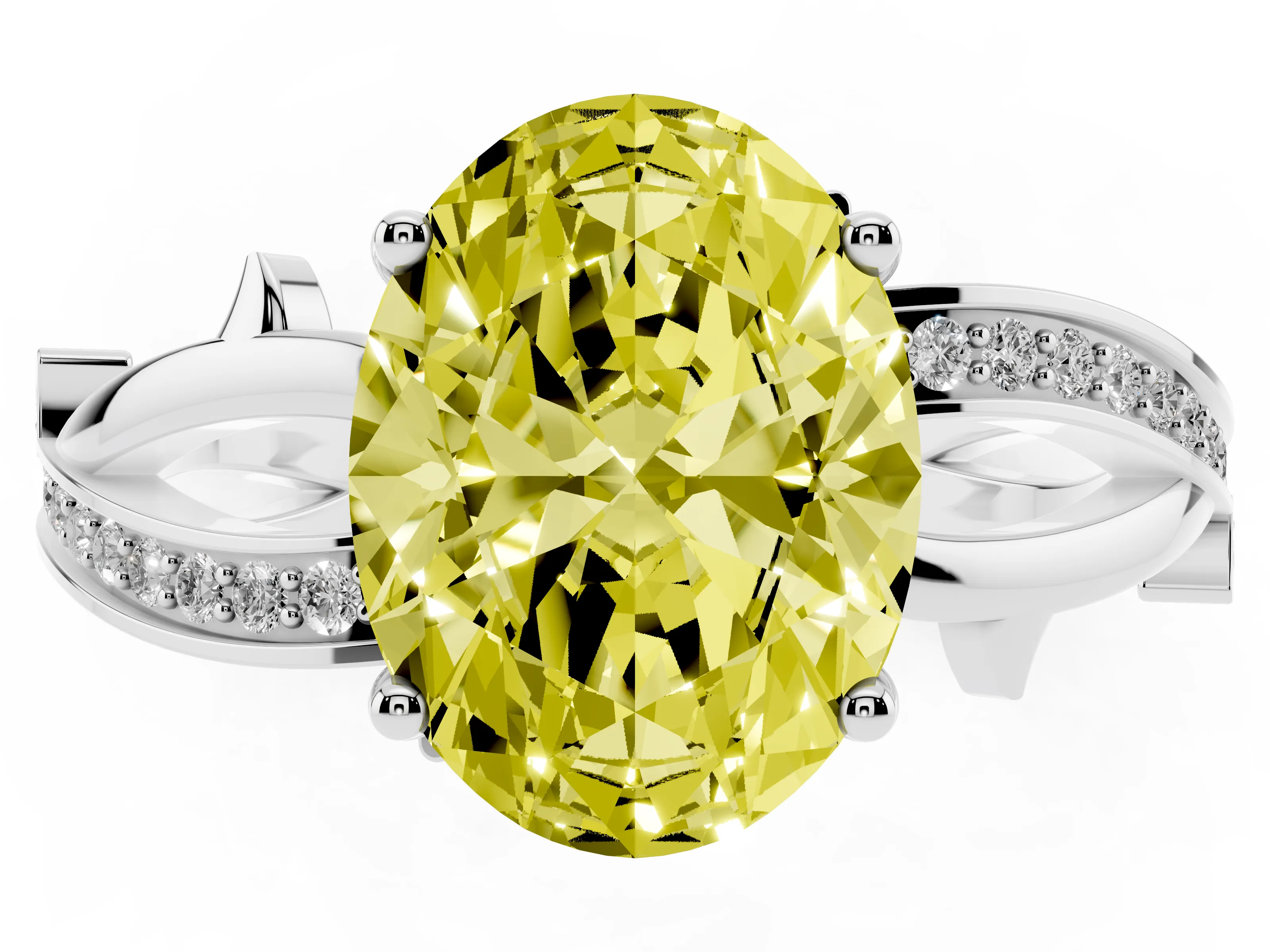 Fancy Yellow Oval Cut Diamond Pavé Twist Band Solitaire Ring Set in Platinum with Prong Setting
