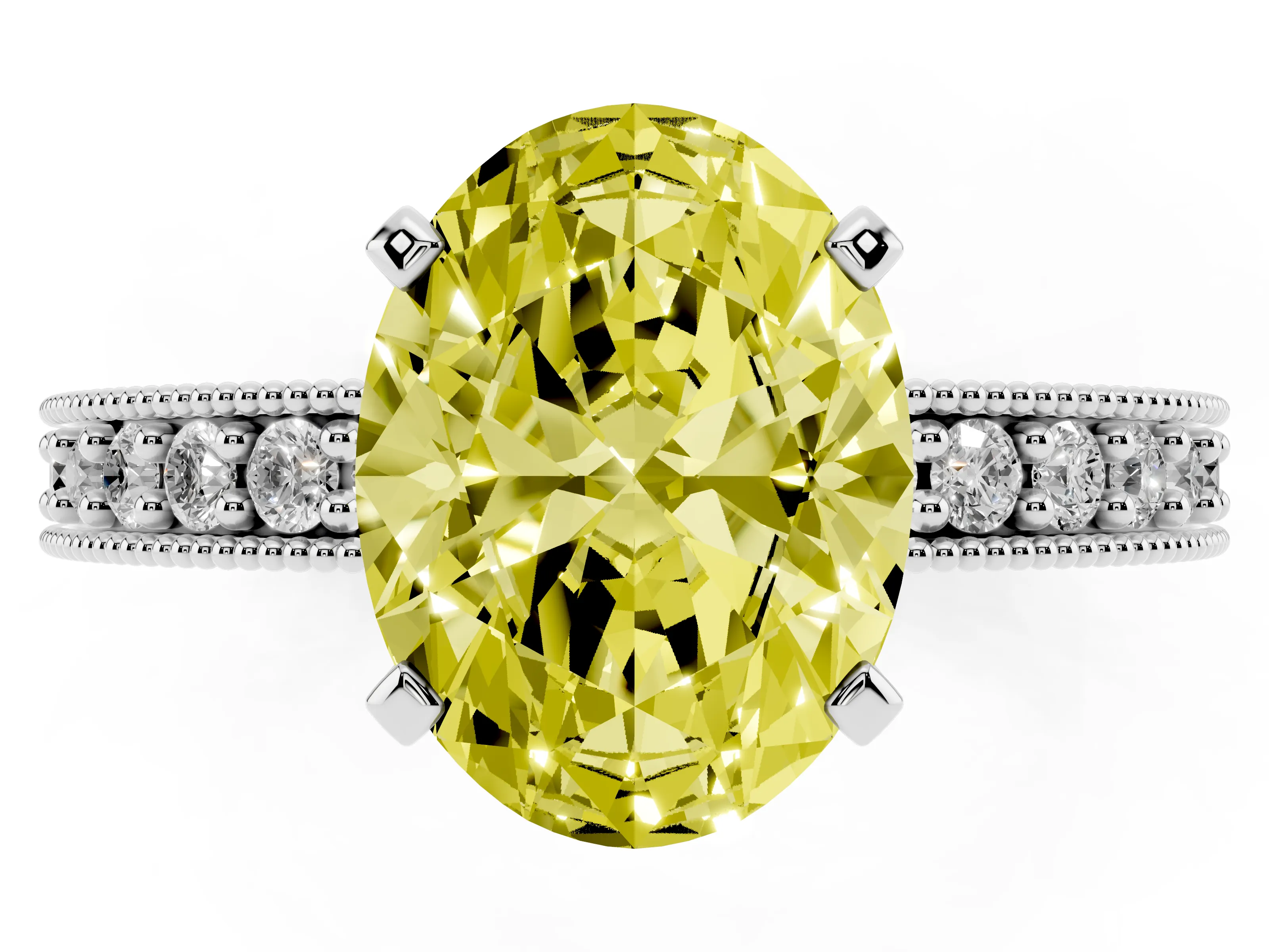 Fancy Yellow Oval Cut Diamond Milgrain Pavé Engagement Ring Set in Platinum with Prong Setting