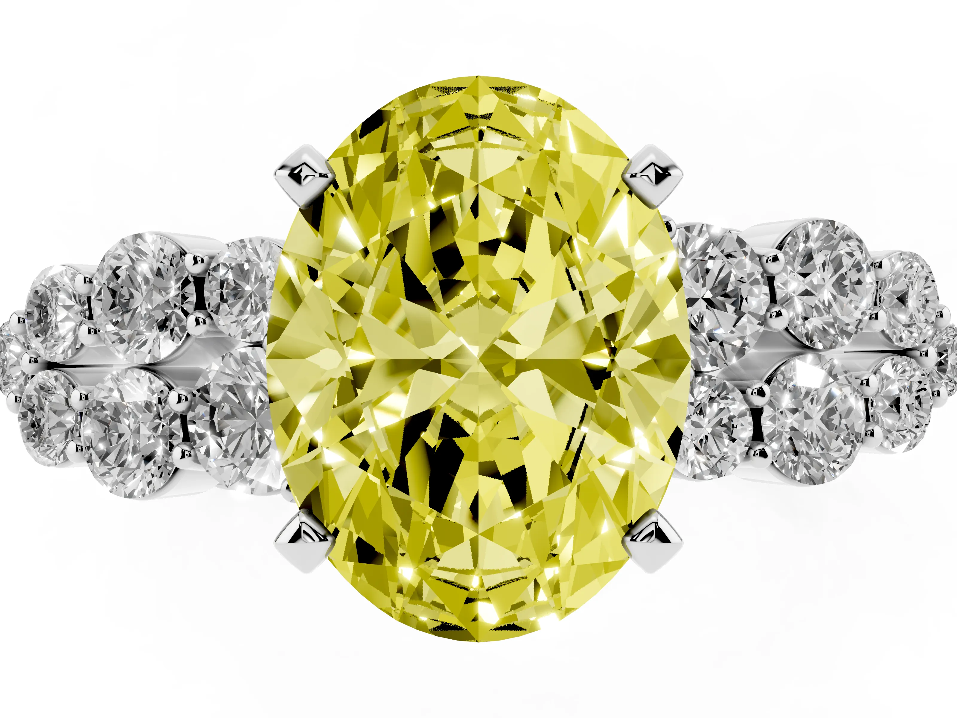 Fancy Yellow Oval Cut Diamond Cluster Engagement Ring Set in White gold with Pavé Band and Prong Setting
