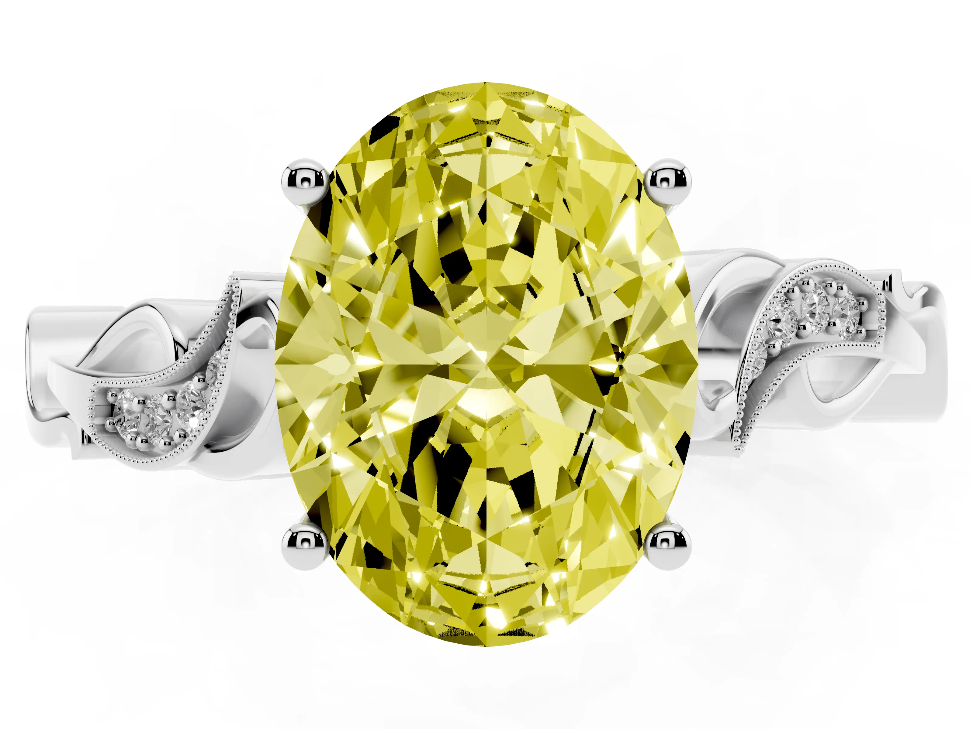 Fancy Yellow Oval Cut Diamond Vine Band Solitaire Ring Set in White gold with Milgrain Prong Setting