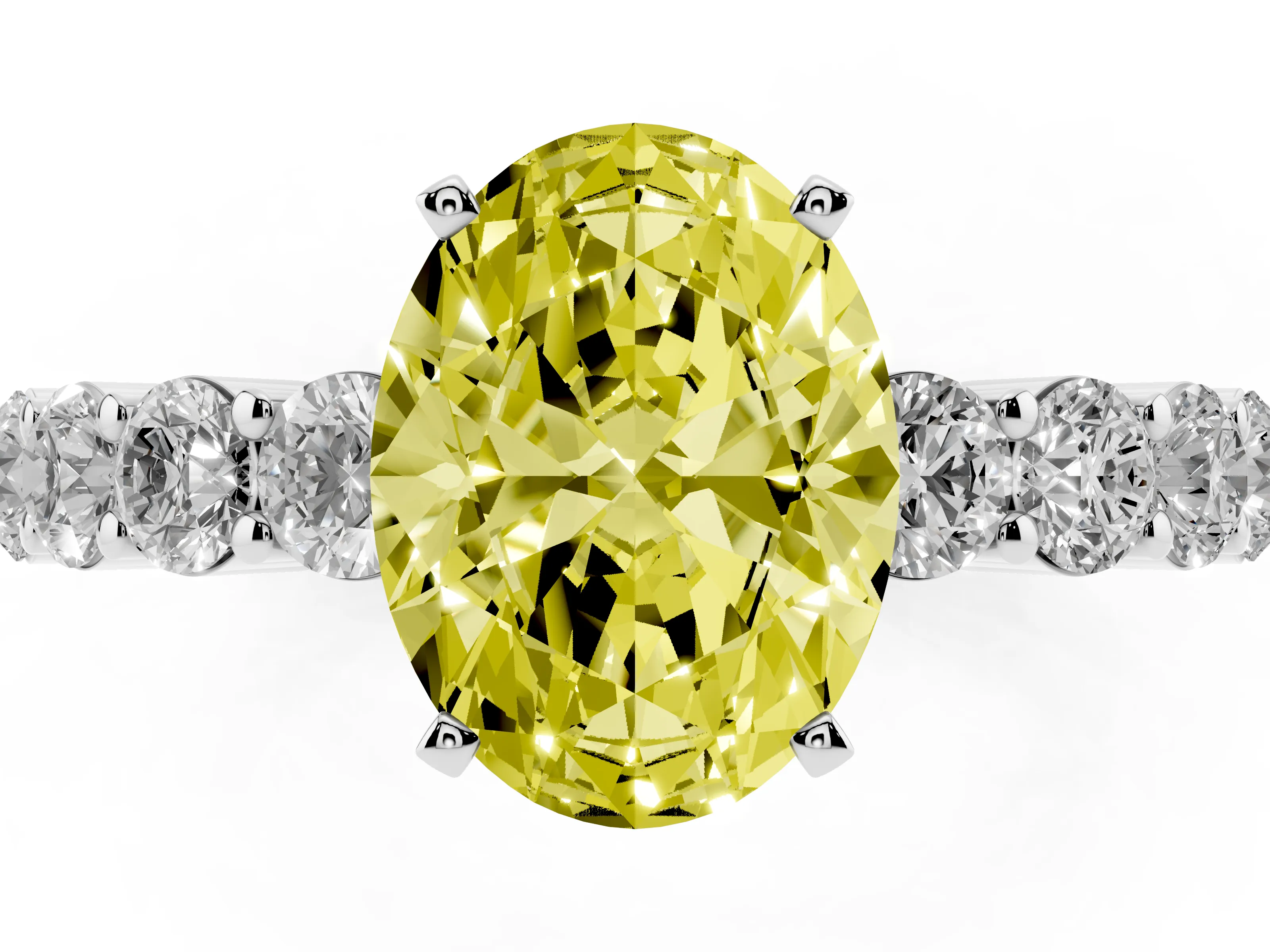 Fancy Yellow Oval Cut Diamond Solitaire Ring Set in Platinum with Shared Prong Round Side Stones