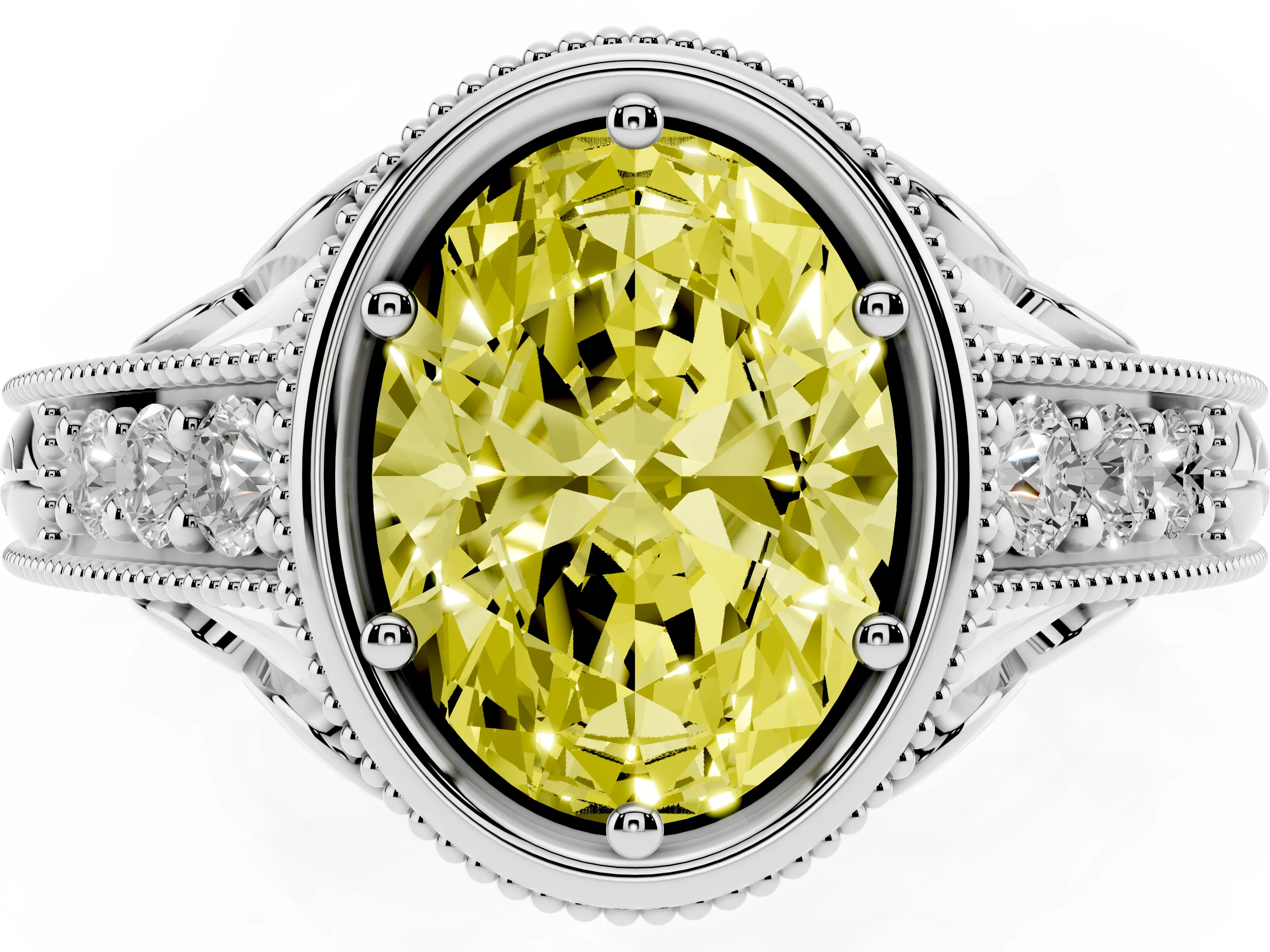 Fancy Yellow Bezel Set Oval Cut Diamond Milgrain Pavé Engagement Ring Set in Silver