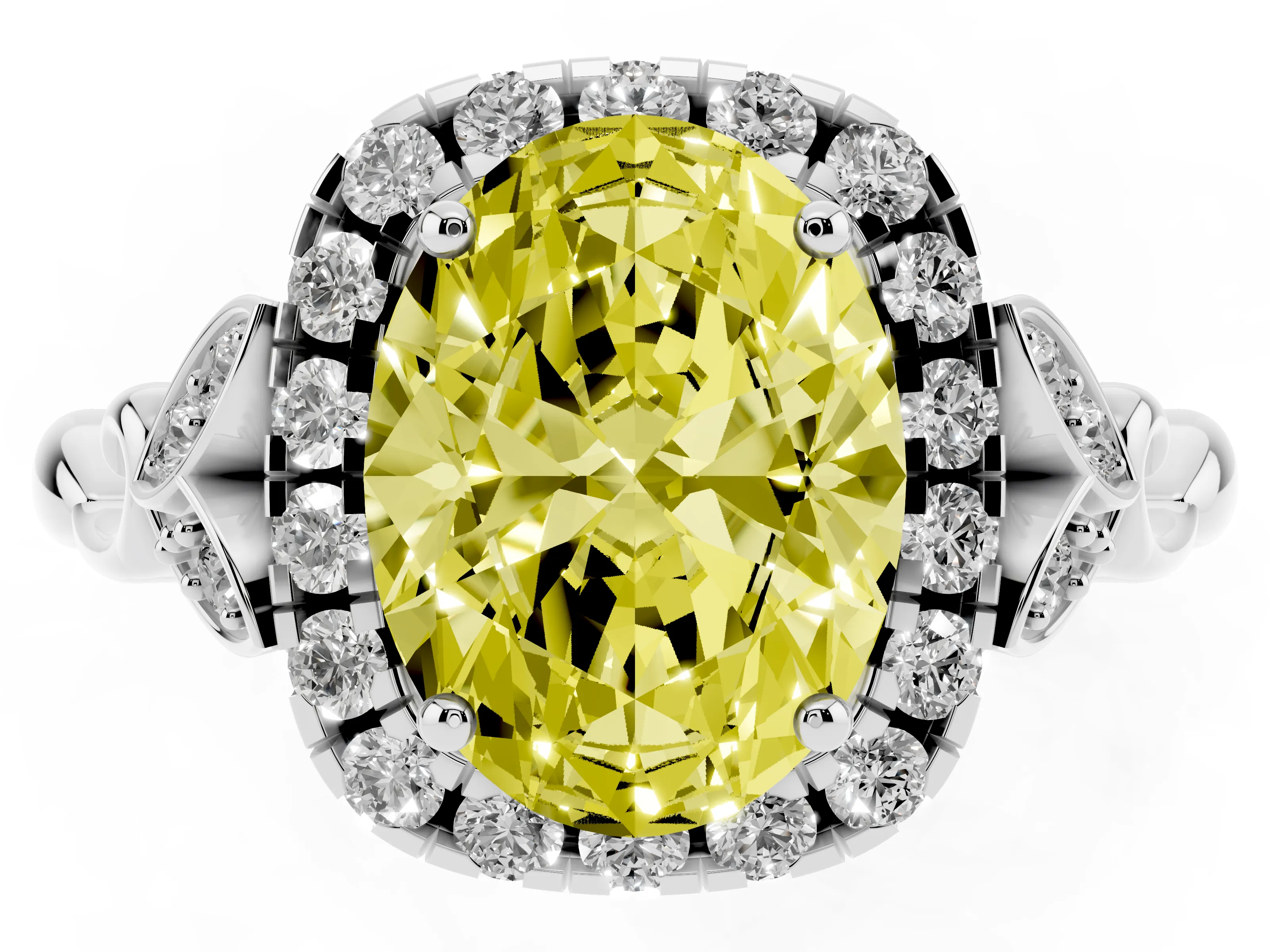 Fancy Yellow Oval Cut Diamond Halo Engagement Ring Set in White gold with Vintage-Inspired Band and Prong Setting