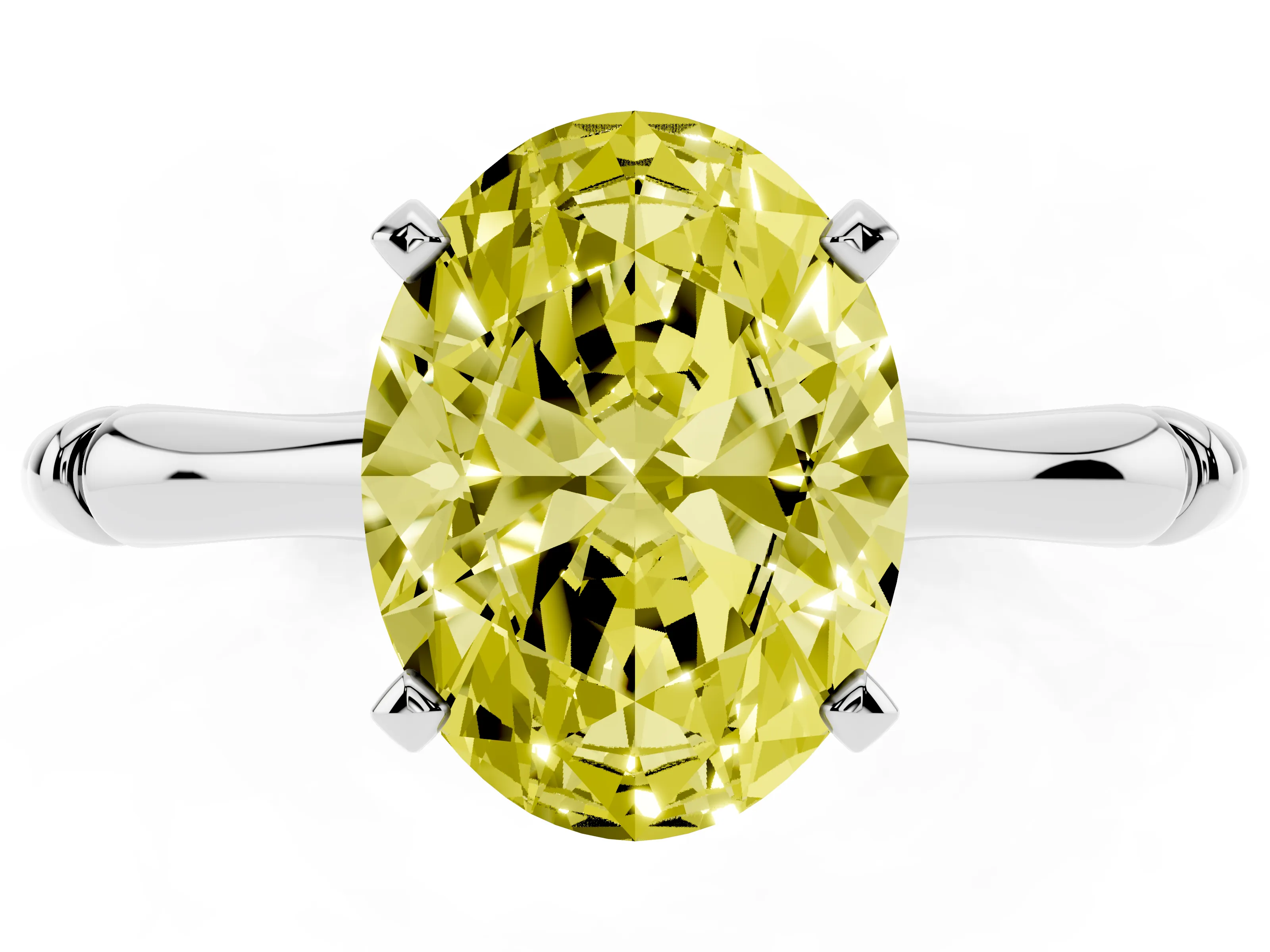 Fancy Yellow Oval Cut Diamond Solitaire Ring Set in Platinum with Bamboo Band and Prong Setting