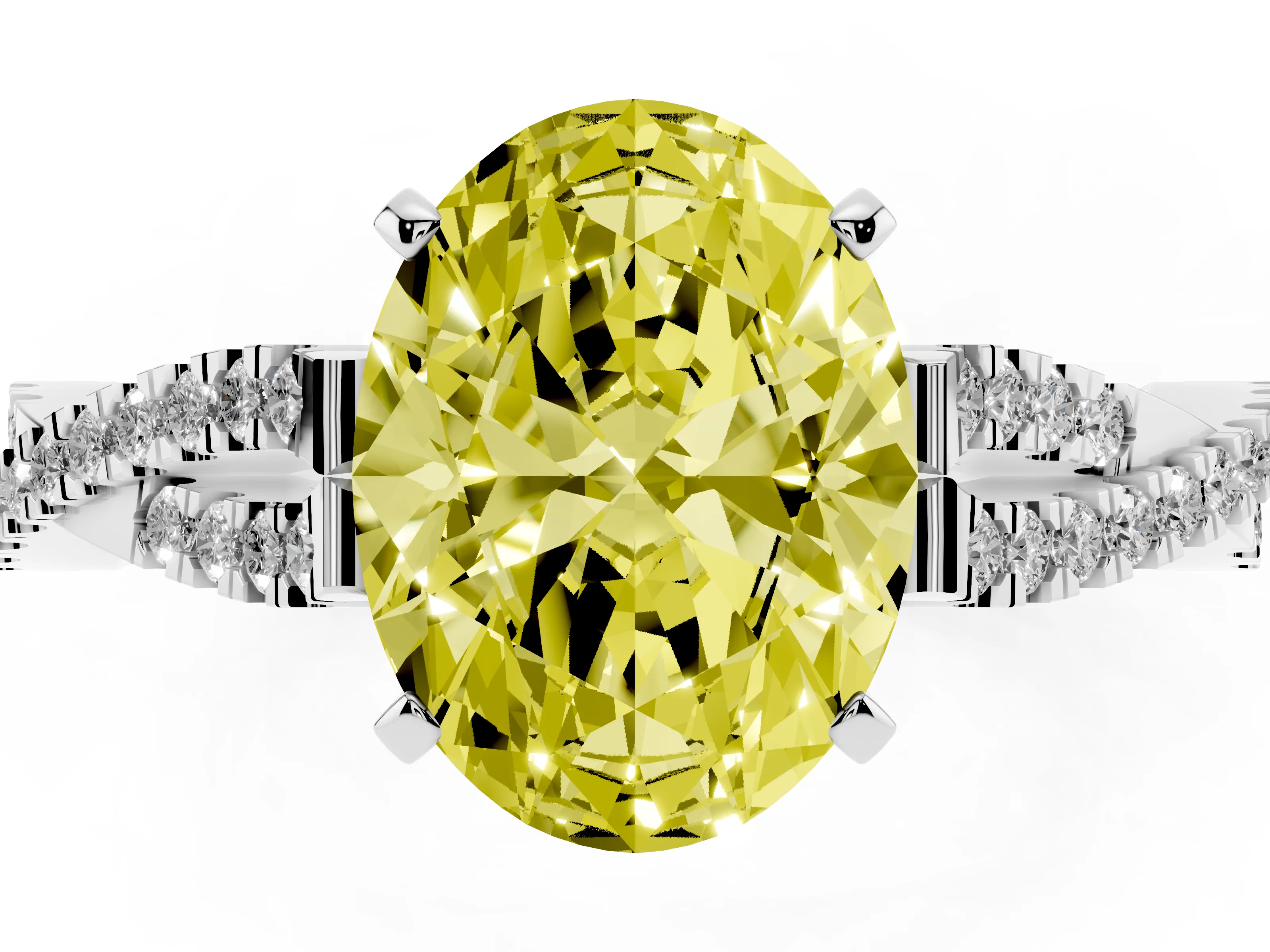 Fancy Yellow Oval Cut Diamond Solitaire Engagement Ring Set in White gold with Twisted Pavé Band and Prong Setting