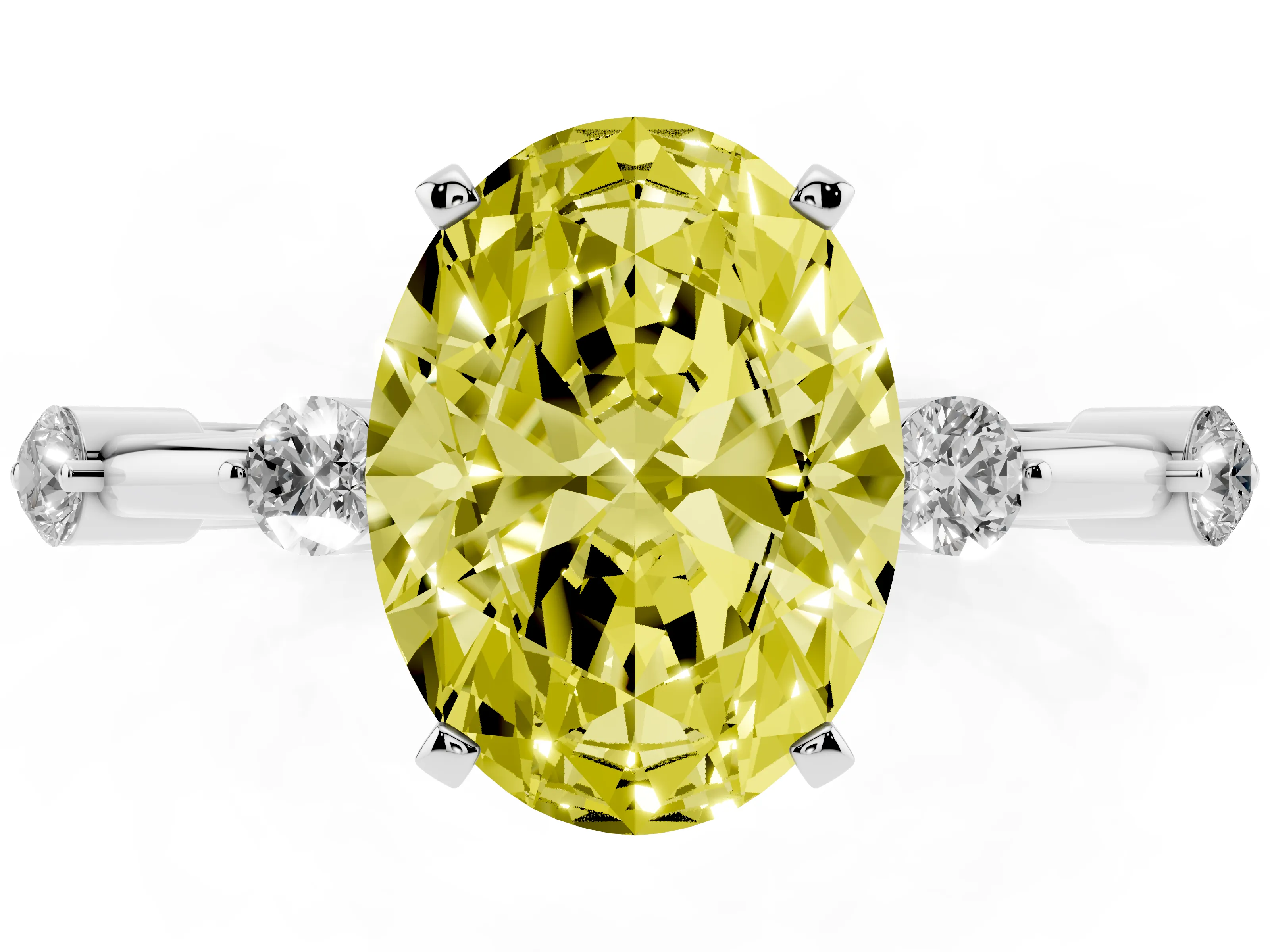 Fancy Yellow Oval Cut Diamond Solitaire Ring Set in Silver with Bezel Set Side Stones and Prong Setting
