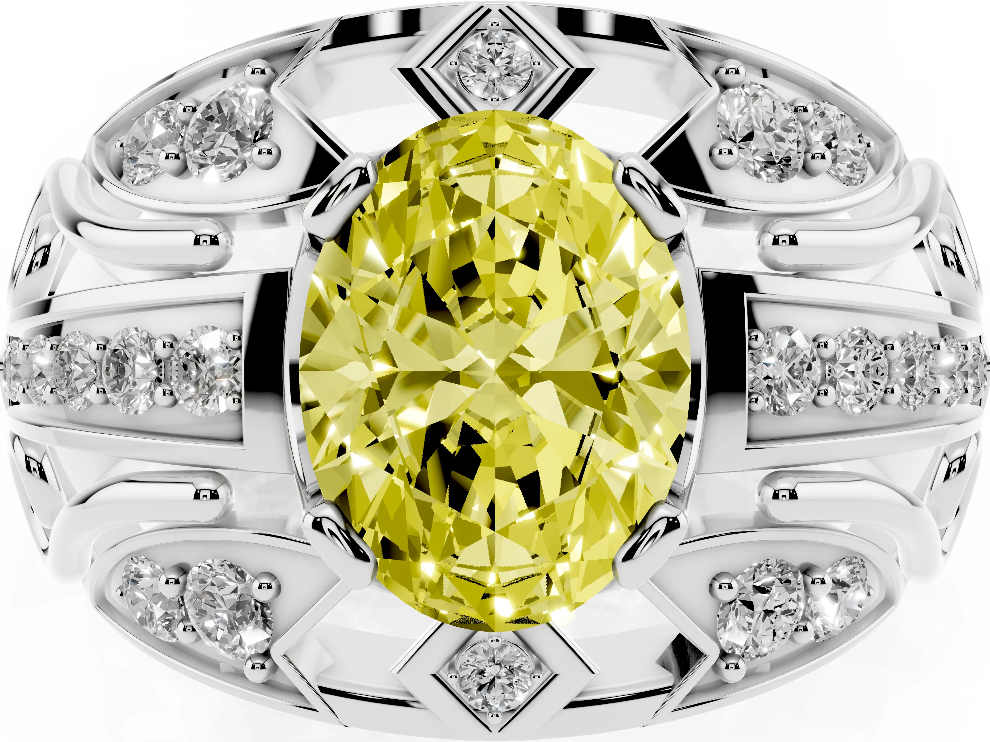 Fancy Yellow Oval Cut Diamond Art Deco Ring Set in Platinum with Pavé Split Shank
