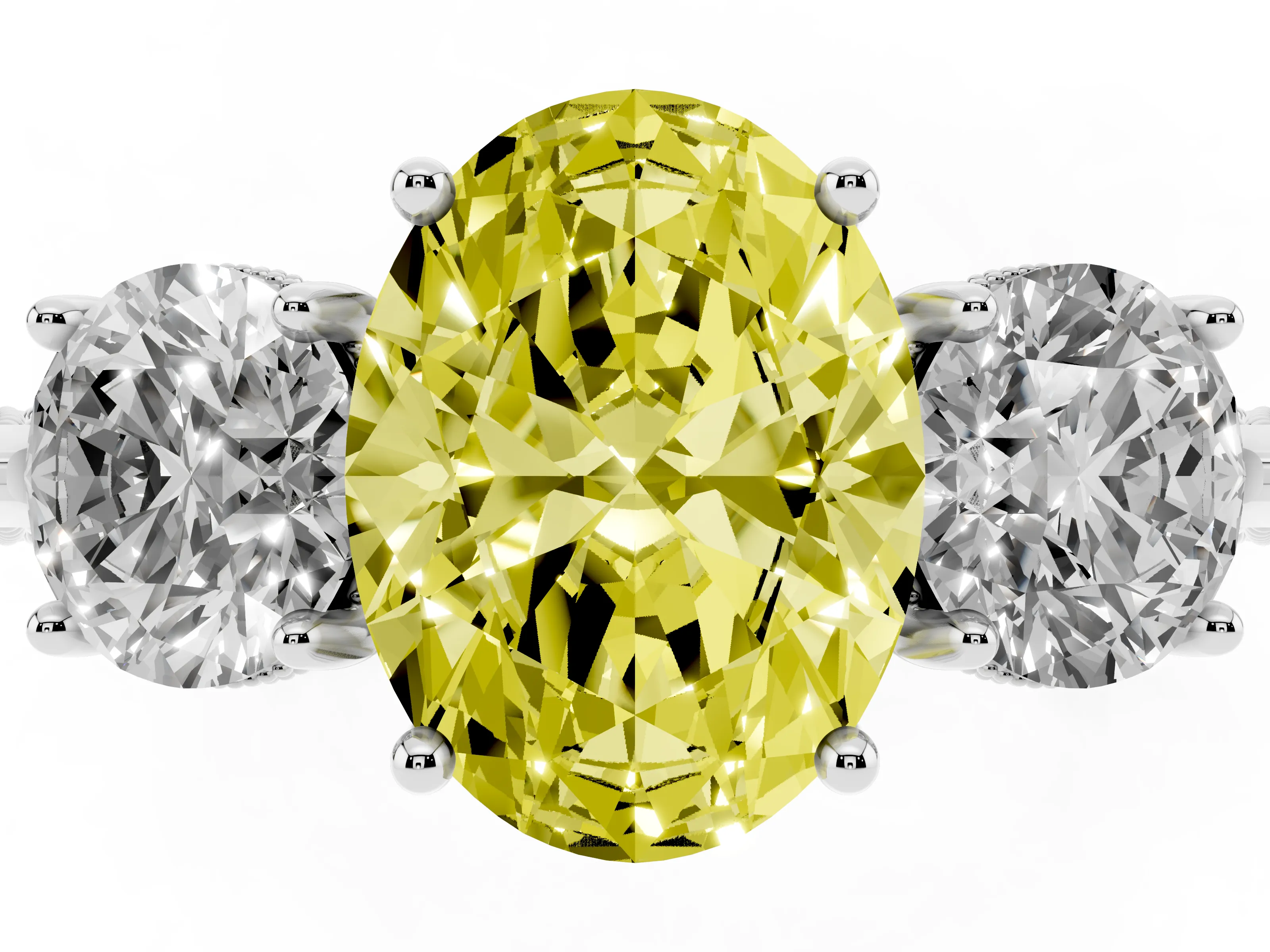 Fancy Yellow Oval Cut Diamond Three-Stone Ring Set in Silver with Milgrain Band