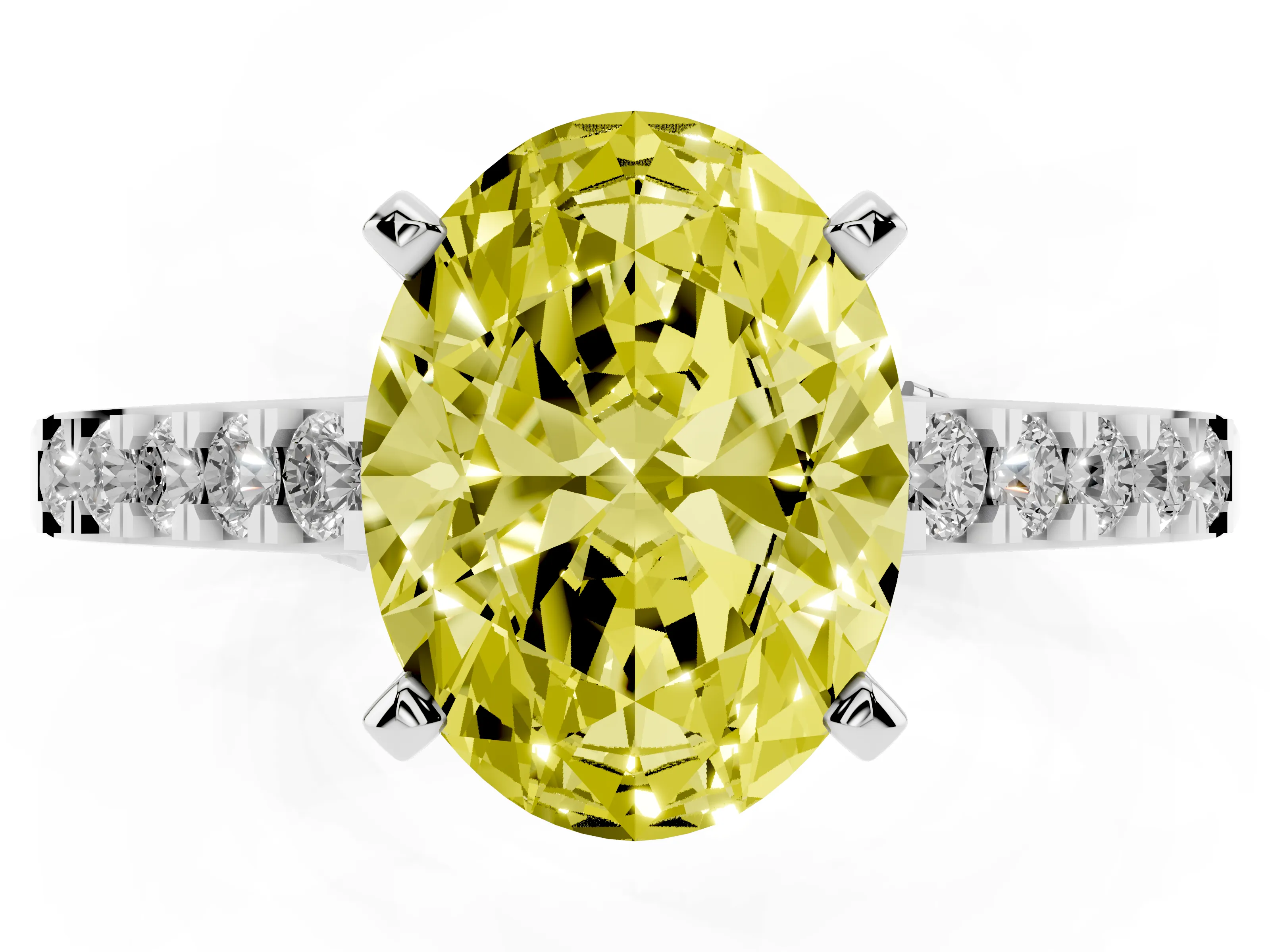 Fancy Yellow Oval Cut Diamond Solitaire Ring Set in White gold with Crossover Gallery and Round Pavé Band