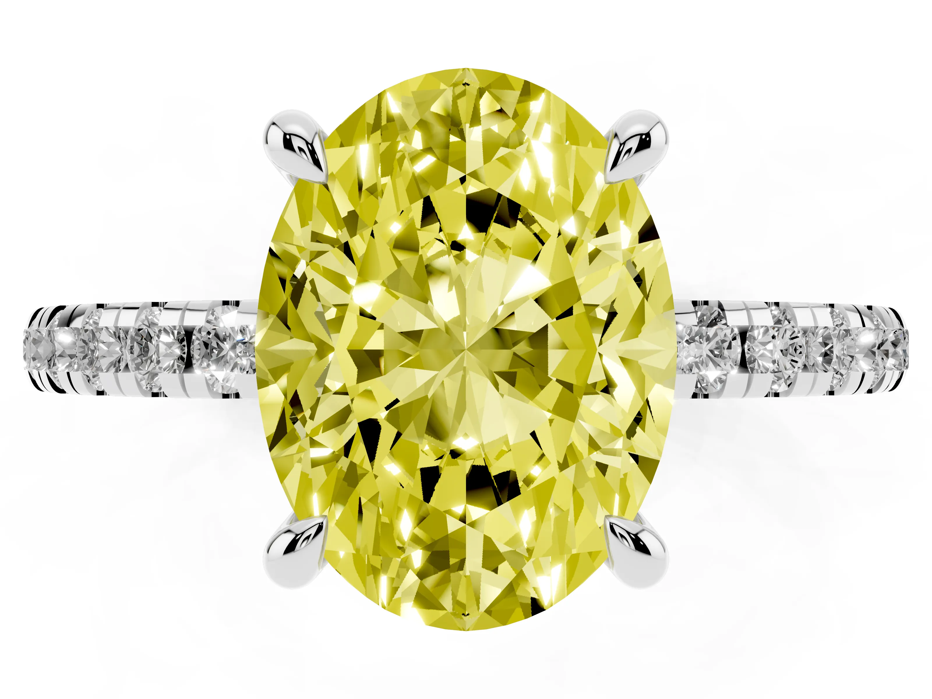 Fancy Yellow Oval Cut Diamond Brilliant Solitaire Ring Set in White gold with Pavé Band and Prong Setting