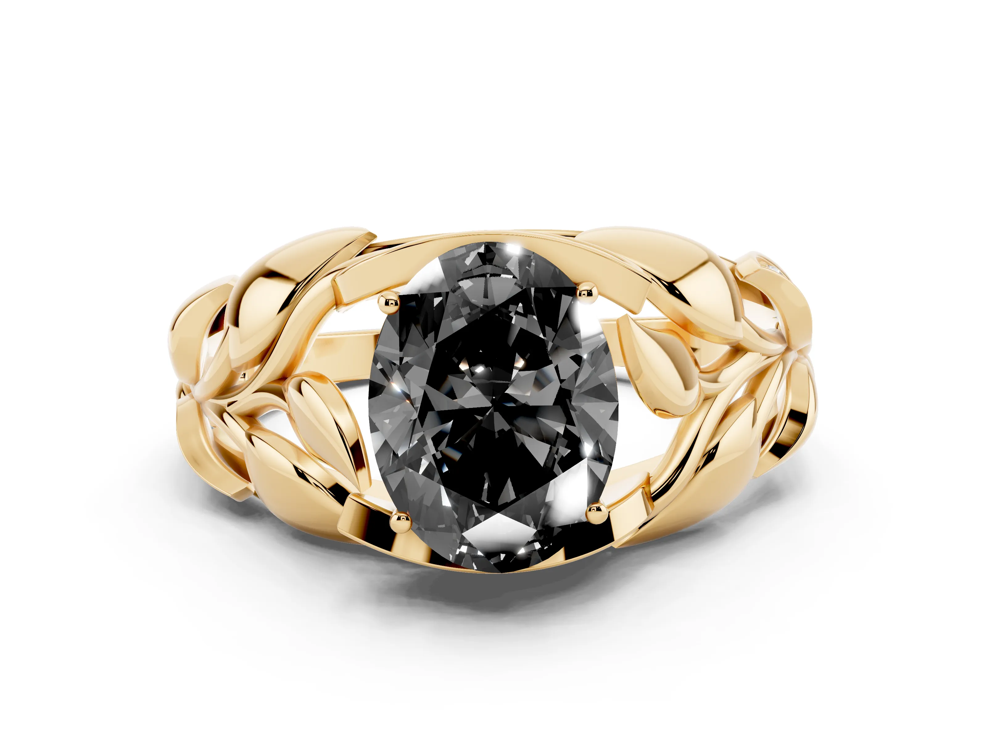 Fancy Black Oval Cut Diamond Leaf-Inspired Engagement Ring Set in Yellow gold with Round Accents