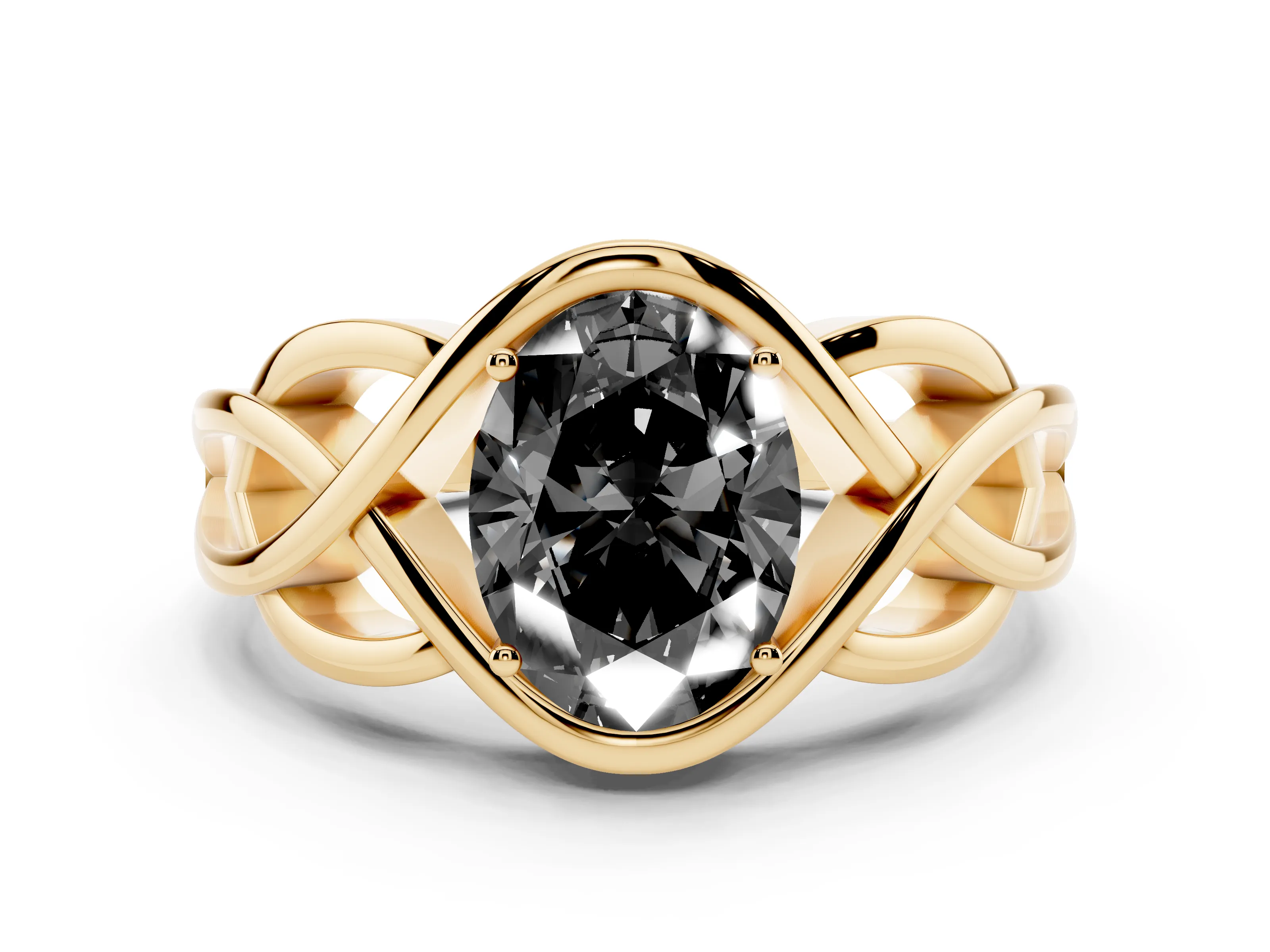 Fancy Black Oval Cut Diamond Solitaire Ring Set in Yellow gold with Intertwined Band