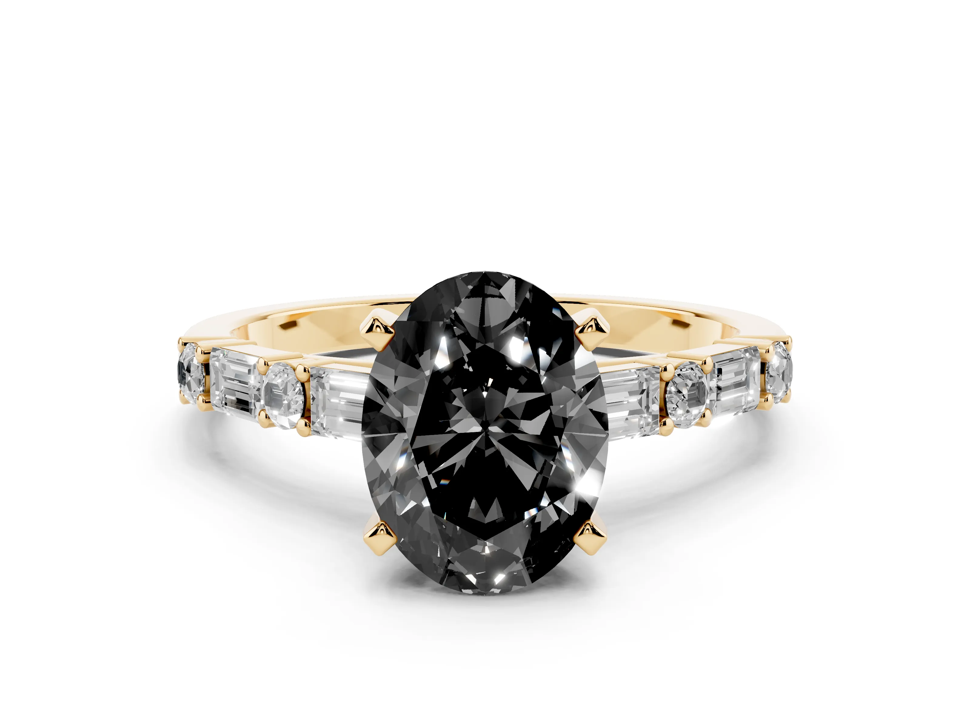 Fancy Black Oval Cut Diamond Solitaire Set in Yellow gold with Side Baguettes and Channel Set Band
