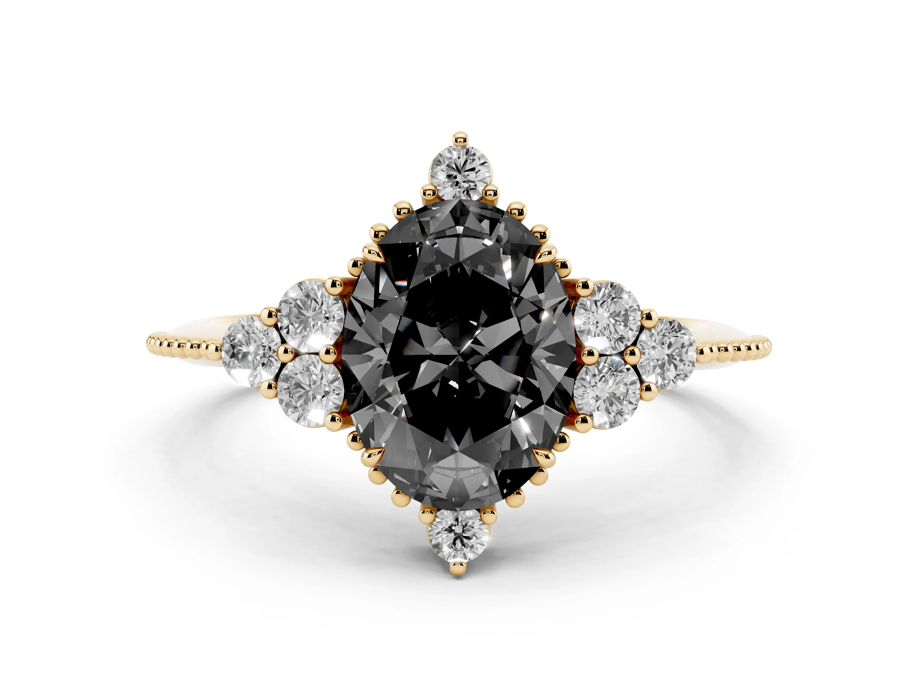 Fancy Black Oval Cut Diamond Cluster Ring Set in Yellow gold with Beaded Band