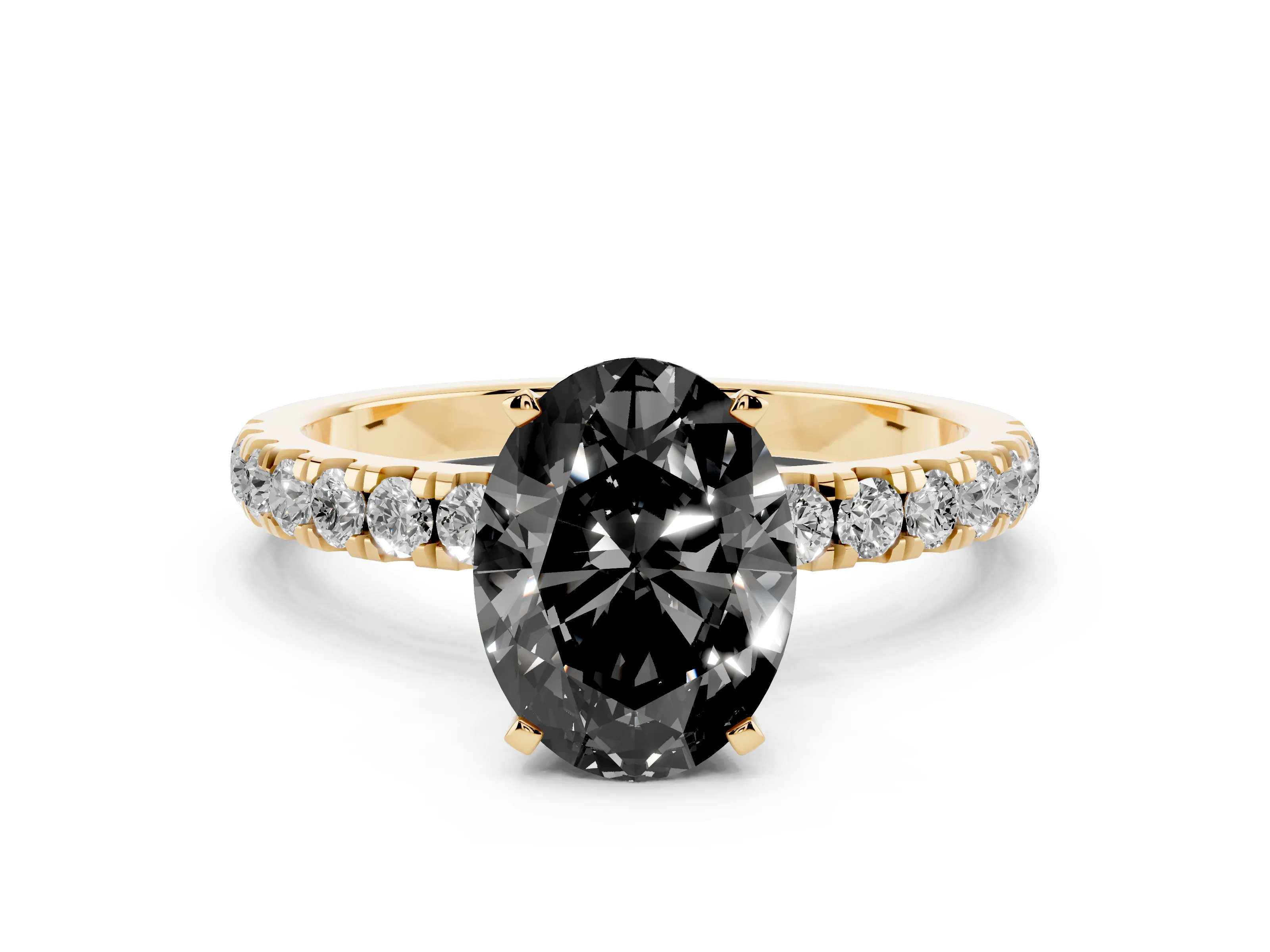 Fancy Black Oval Cut Diamond Solitaire Ring Set in Yellow gold with Pavé Accents and Prong Setting