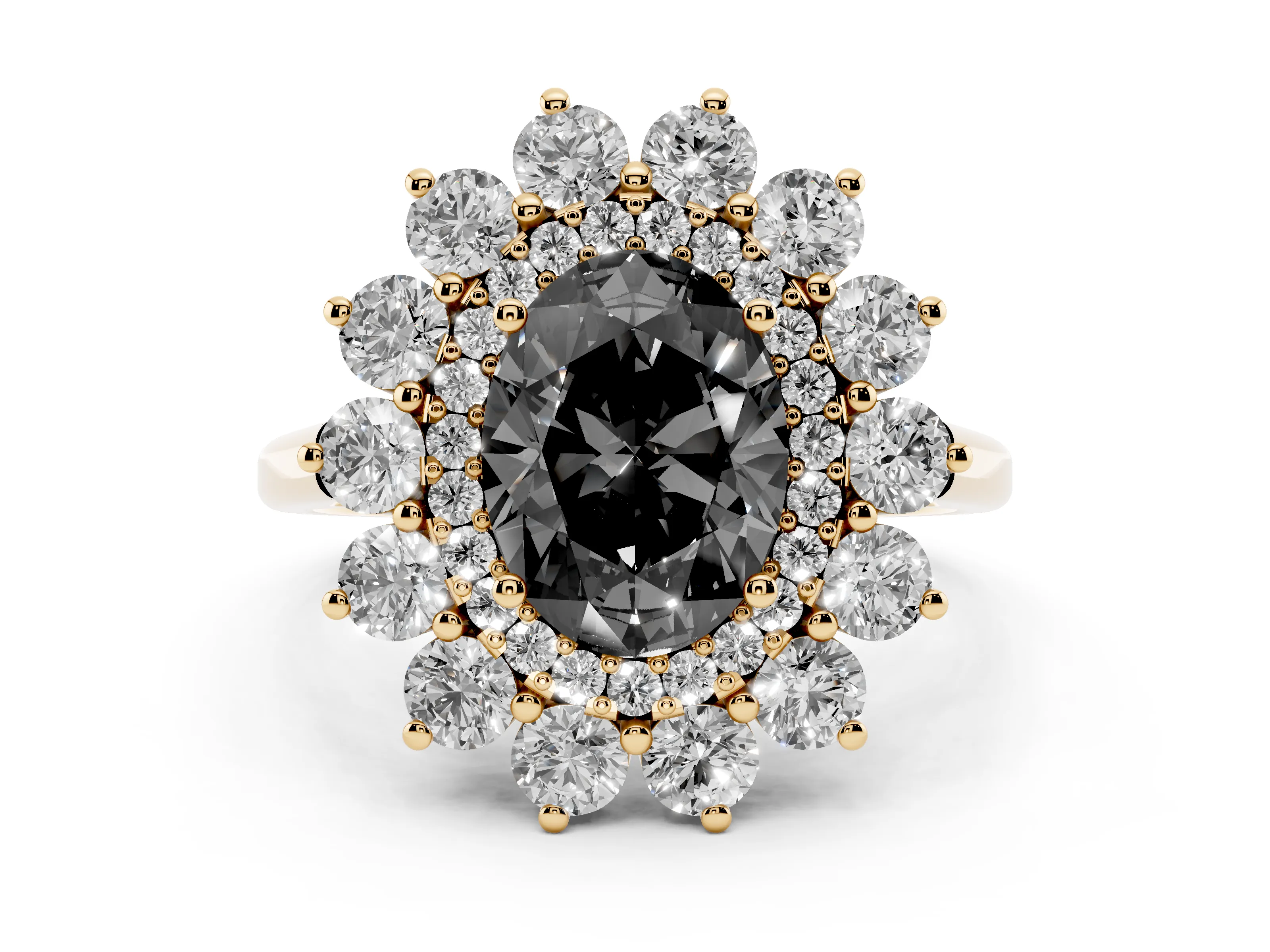 Fancy Black Oval Cut Diamond Floral Double Halo Ring Set in Yellow gold with Round Petals
