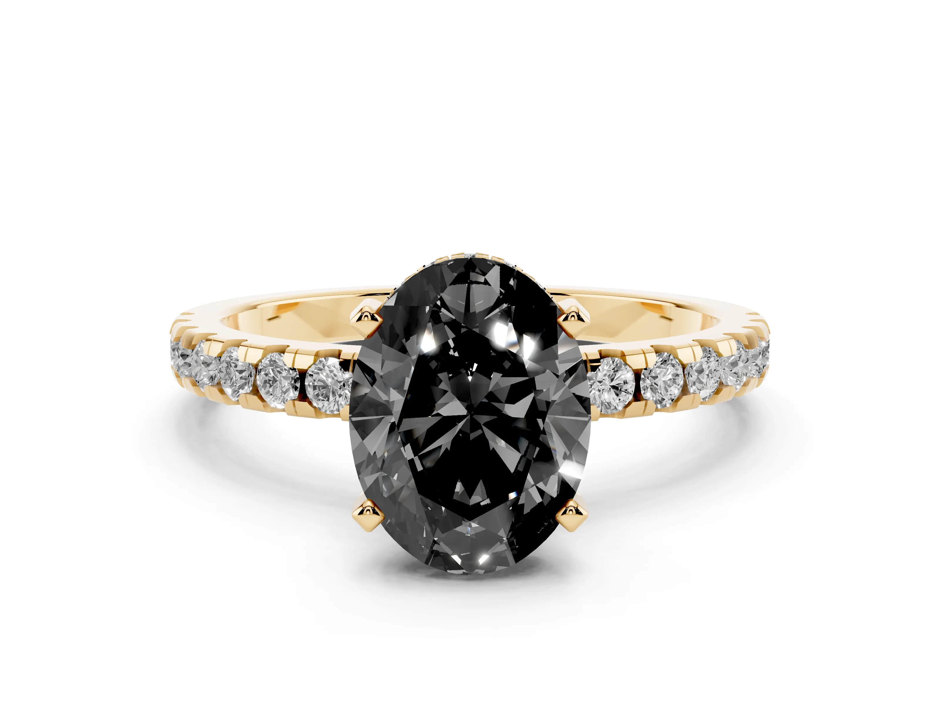 Fancy Black Oval Cut Diamond Pavé Solitaire Ring Set in Yellow gold with Round Band Accents and Prong Setting